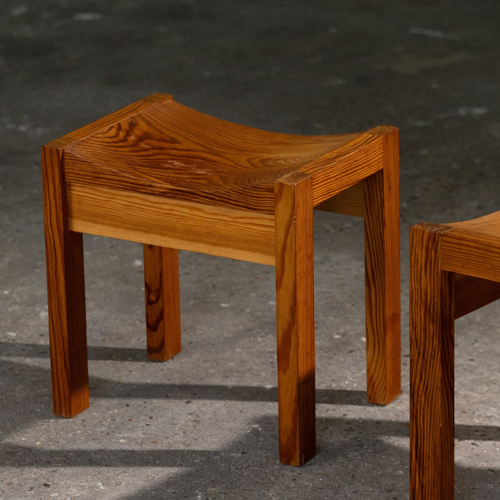 Unknown, Pair of Pine Stools with Curved Seat, France, 1960s