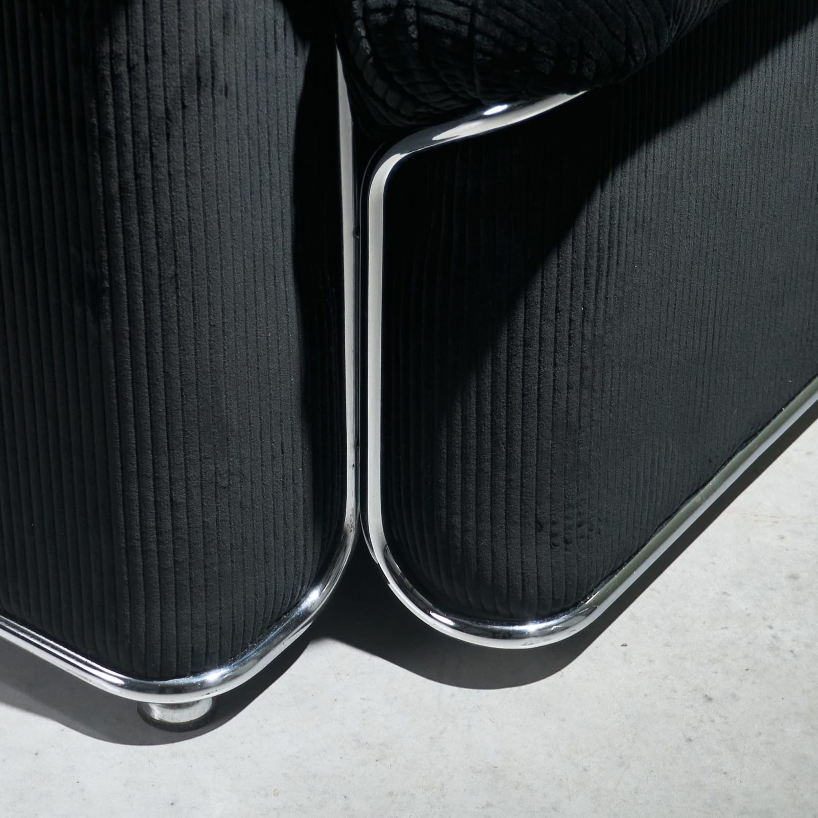 Oversized Lounge Chairs in Chromed Steel, Reupholstered in Black Corduroy Fabric, Italy, 1970s