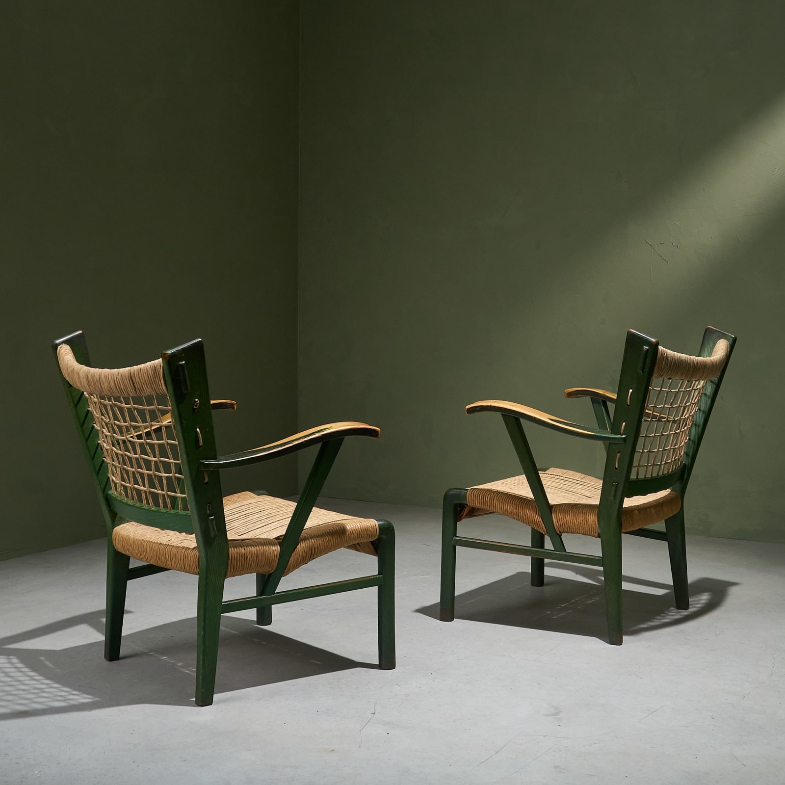 Pair of Green Lacquered Chestnut and Papercord Arm Chairs, Italy, Late 1930's