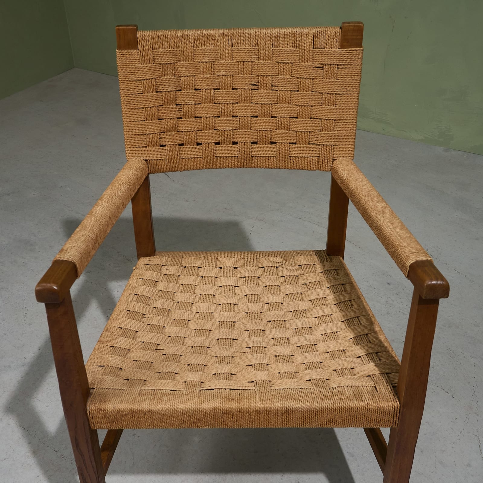 Pair of Arm Chairs with Oak Frame and Seagrass Webbing, Italy, 1940s