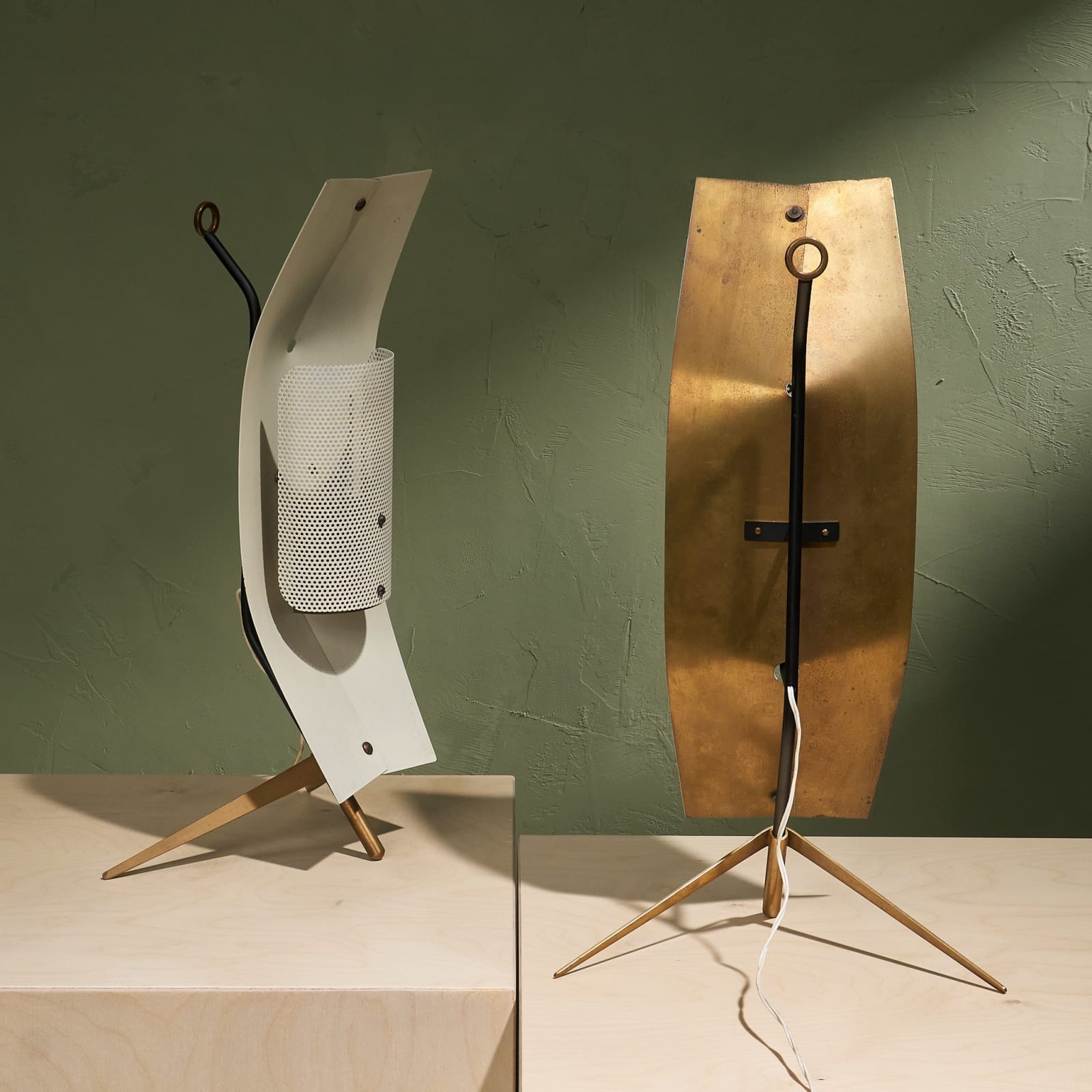 Gastone Colliva, Pair of Sculptural Table/Wall Lamps In Brass and Perforated Metal, Italy, 1950s