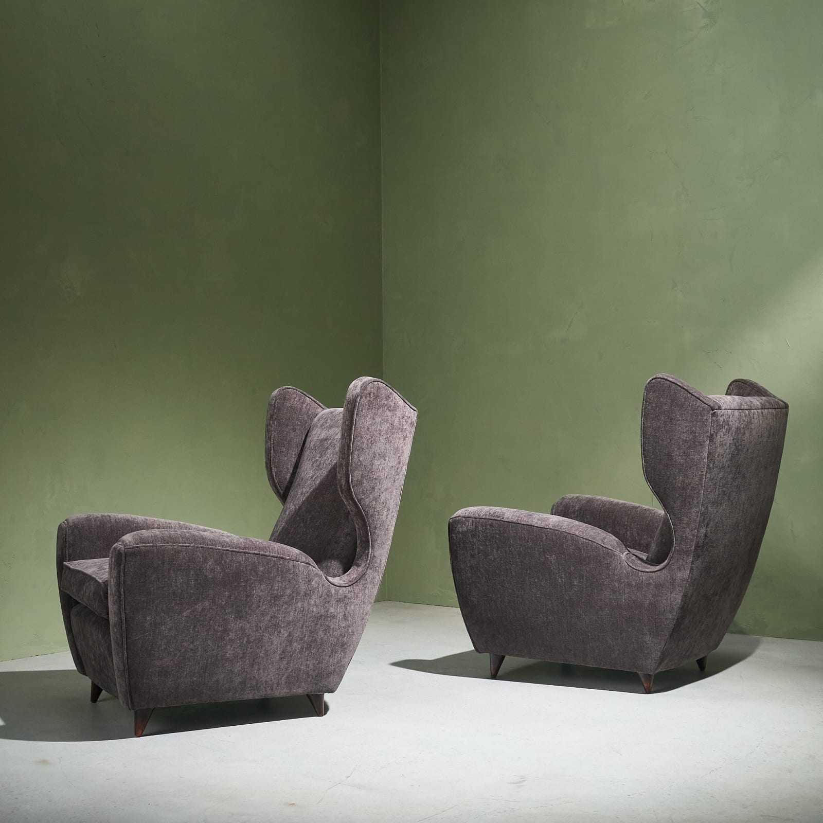 Melchiorre Bega, Pair of Reupholstered Lounge Chairs, Charcoal Dedar 'Belsuede' fabric, Italy, 1950s