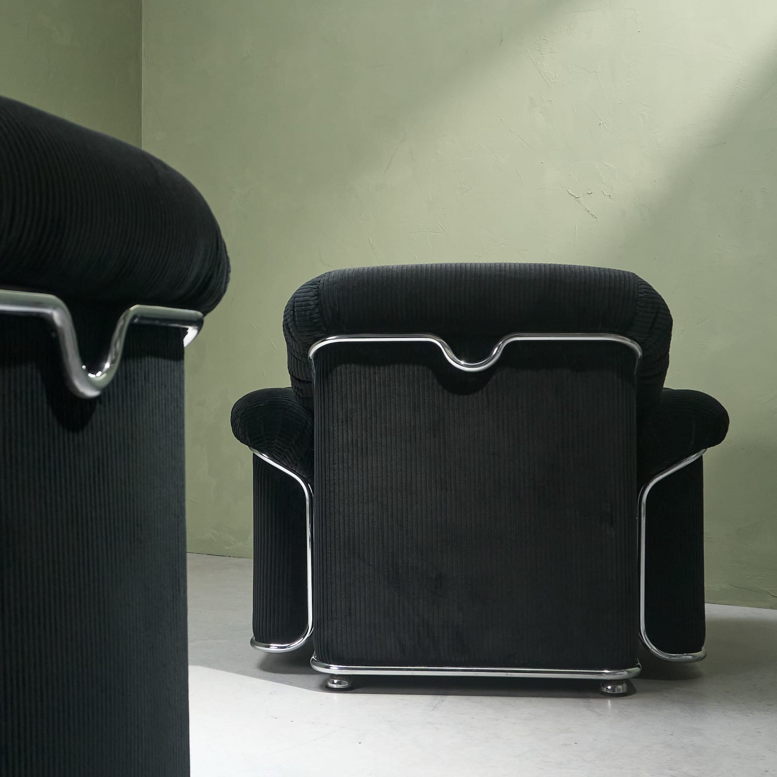 Oversized Lounge Chairs in Chromed Steel, Reupholstered in Black Corduroy Fabric, Italy, 1970s