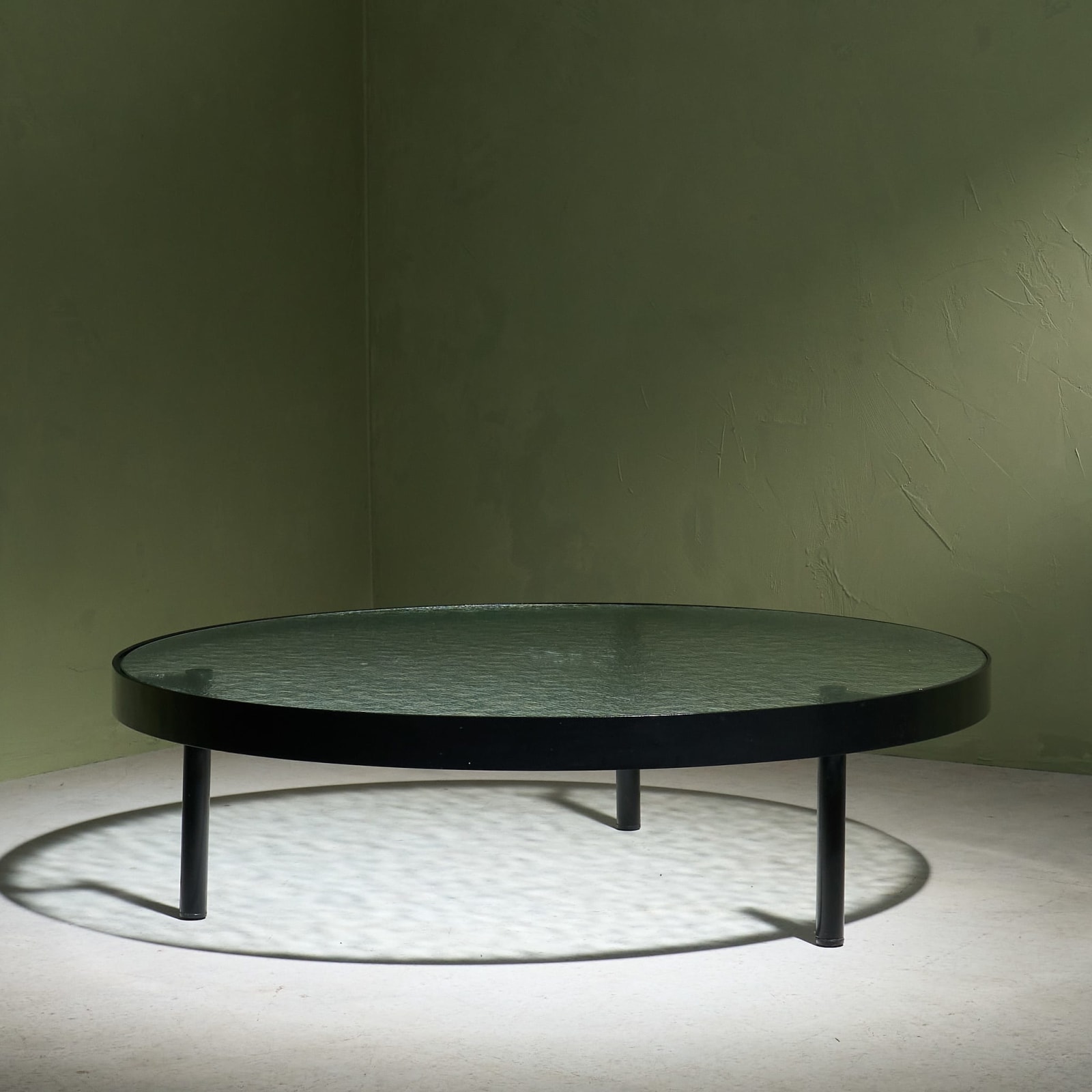 Janni van Pelt, Black Round Coffee Table with Structured Glass top, The Netherlands, 1960s