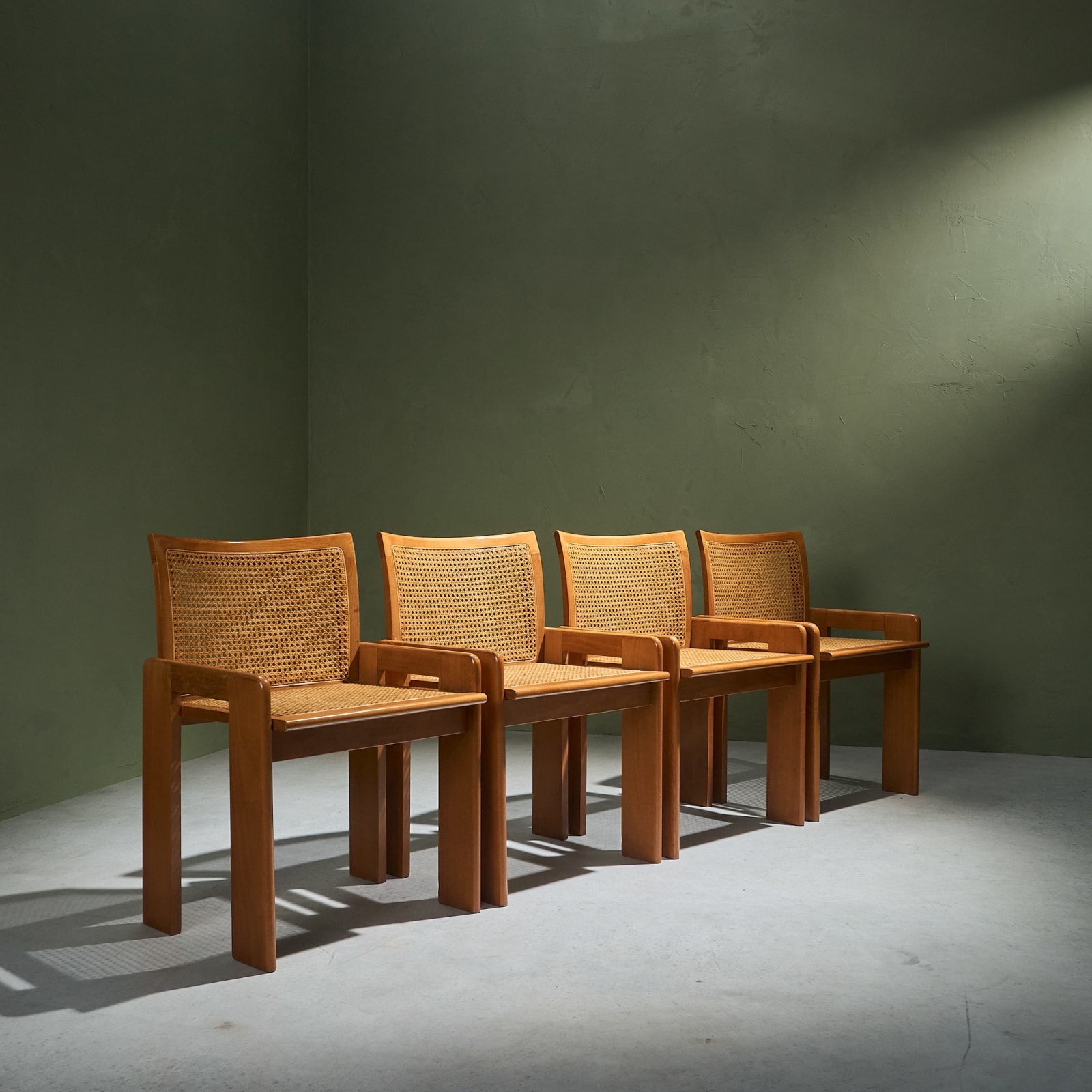 Luigi Saccardo, Set of 4 Dining Chairs in Stained Beech and Cane, 1970s