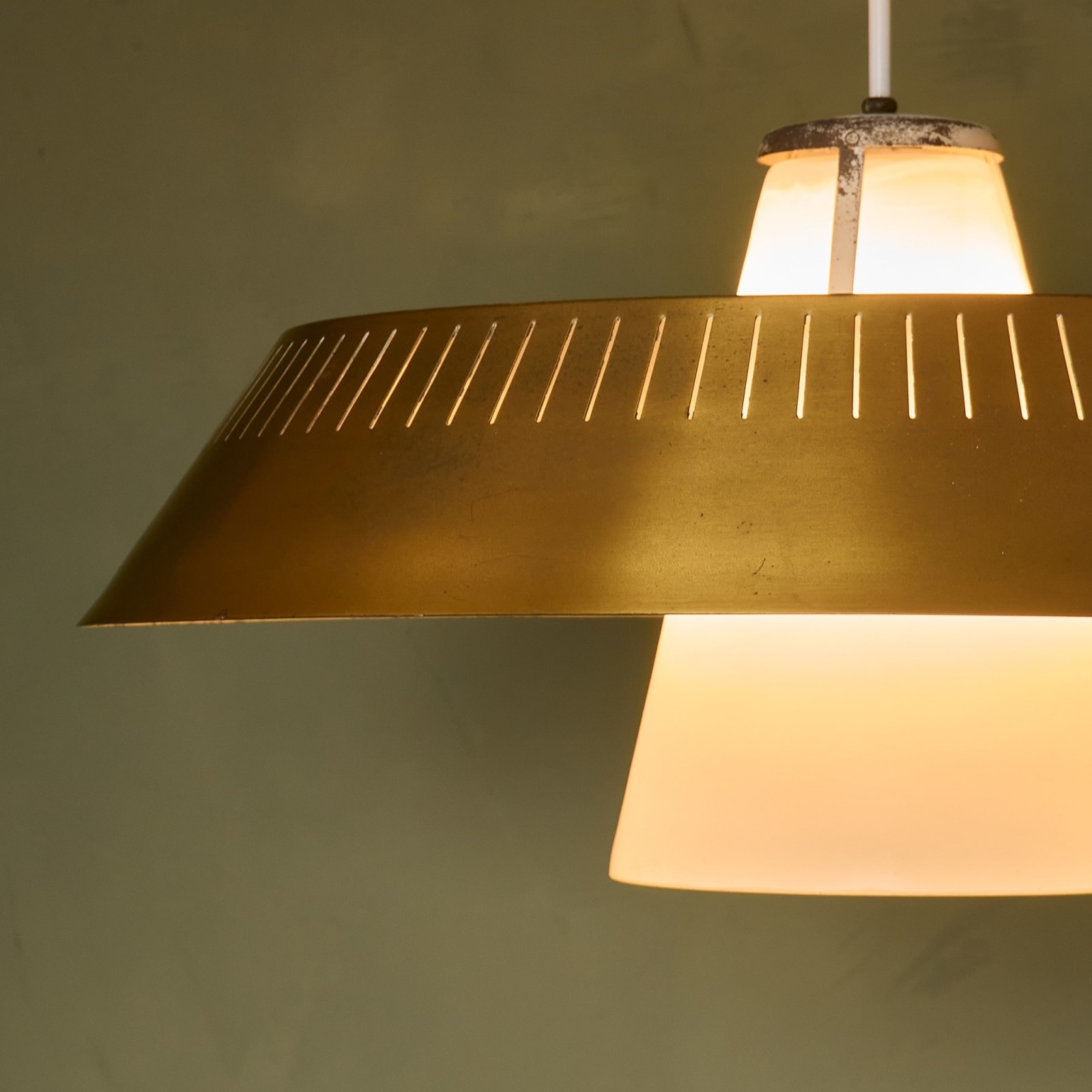 Large Perforated Brass Pendant with Opaline Glass, Finland, 1950/1960s