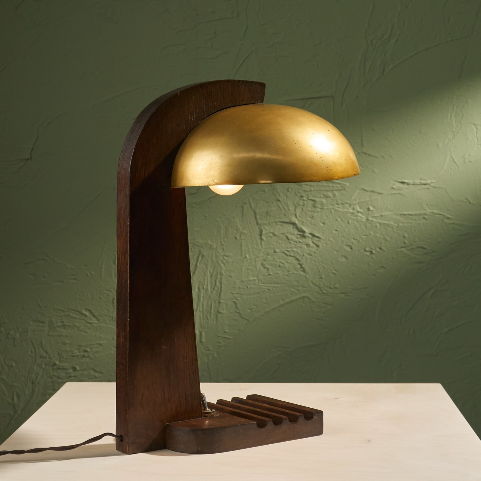 Modernist Table Lamp with Solid Oak Base and Brass Shade, France, 1930
