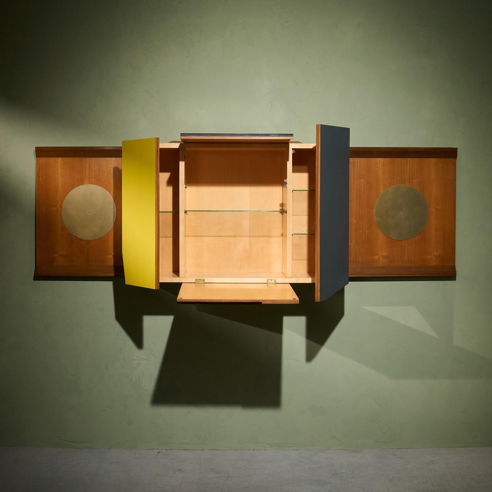 Multicolored Wall Mounted Dry Bar in Italian Walnut and Brass, Italy, 1960s