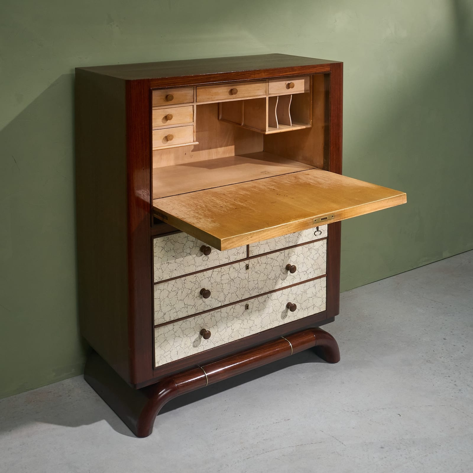 Aldo Tura, Early and Rare Eggshell Cabinet with Illuminated Sectretaire, Italy, 1940s