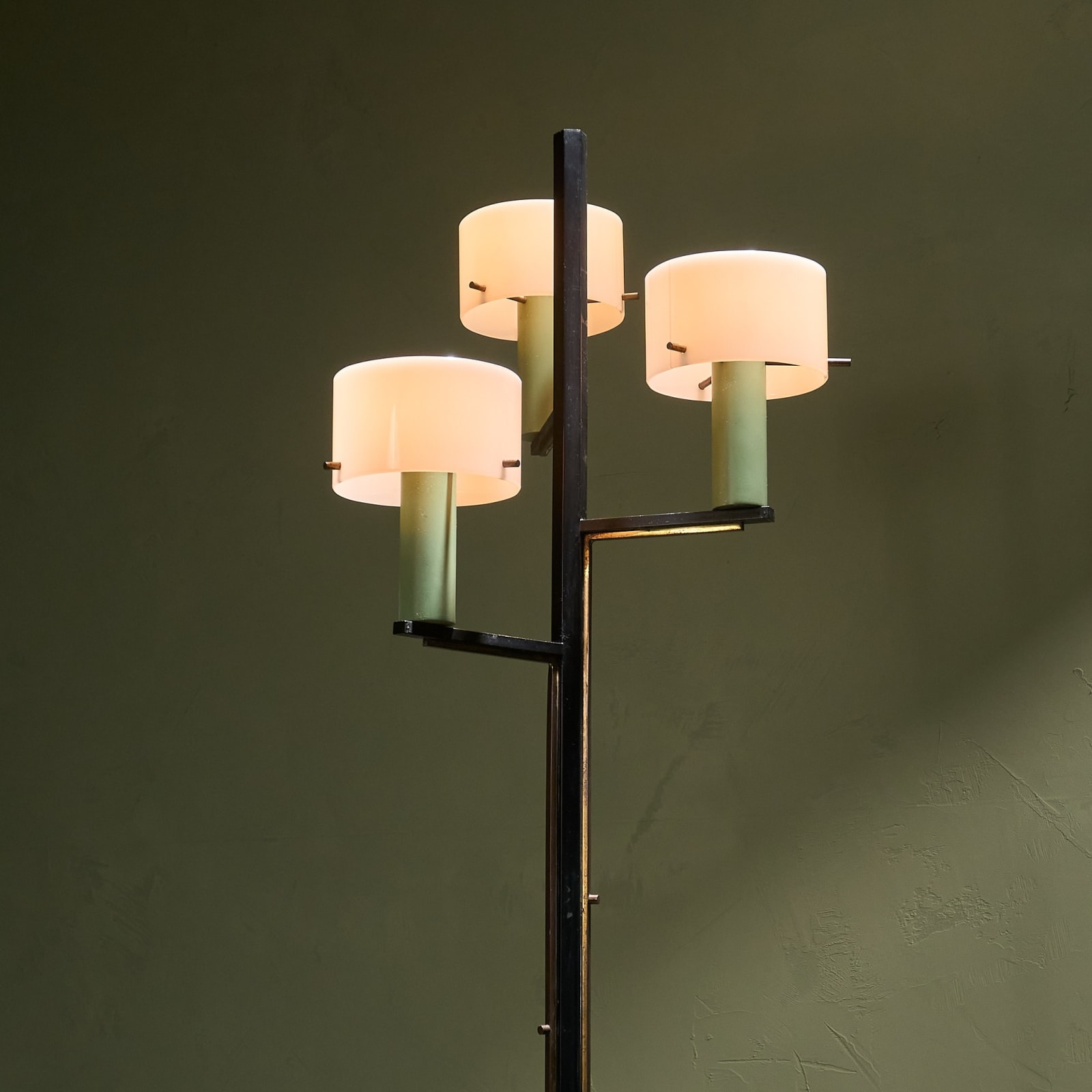 Floor Lamp with 3 Shades in Green, Brass with Opaline Shades, Italy, 1960s