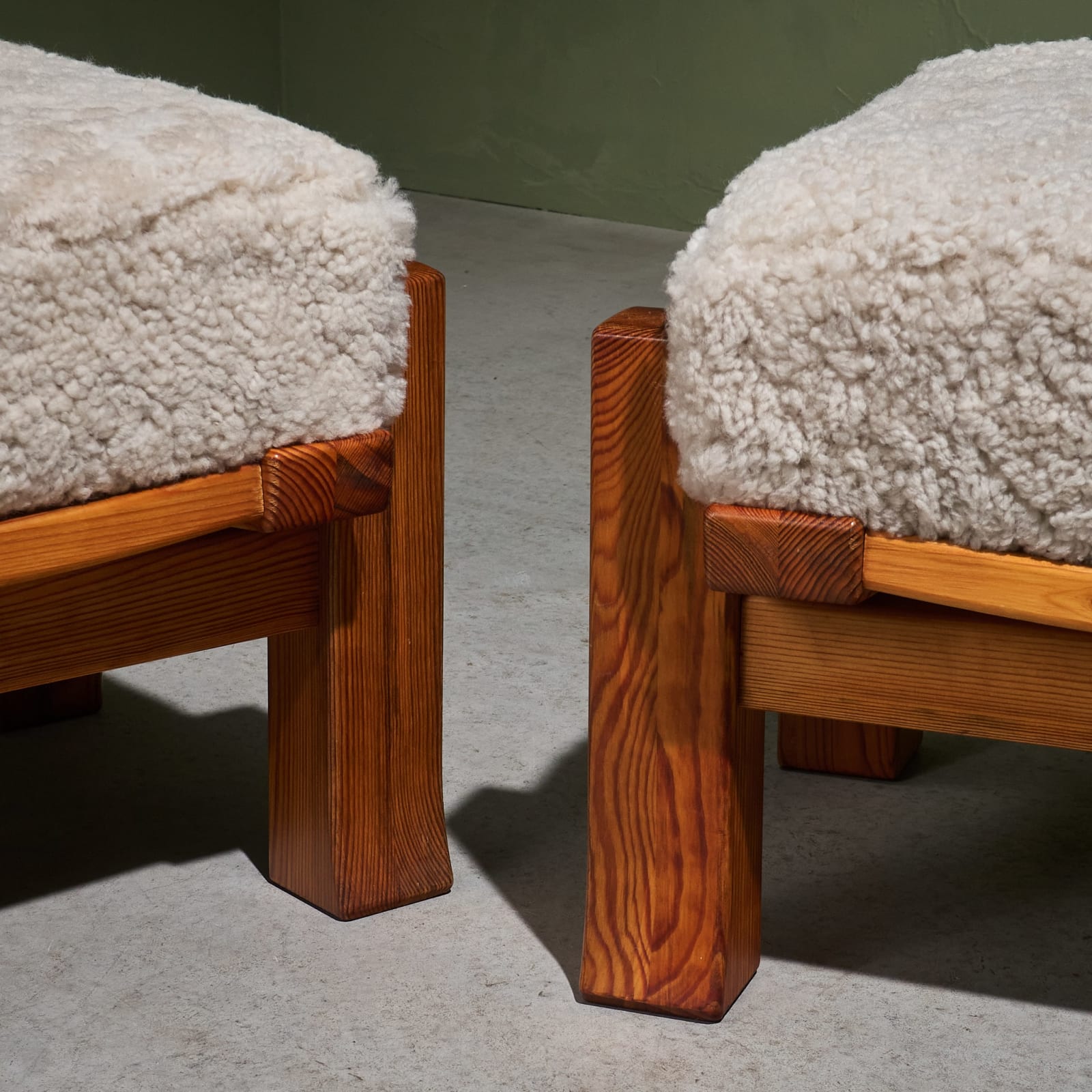 Unknown, Pair of Large Ottomans in Solid Pine and Sheepskin Cushion, Sweden, 1950s/1960s