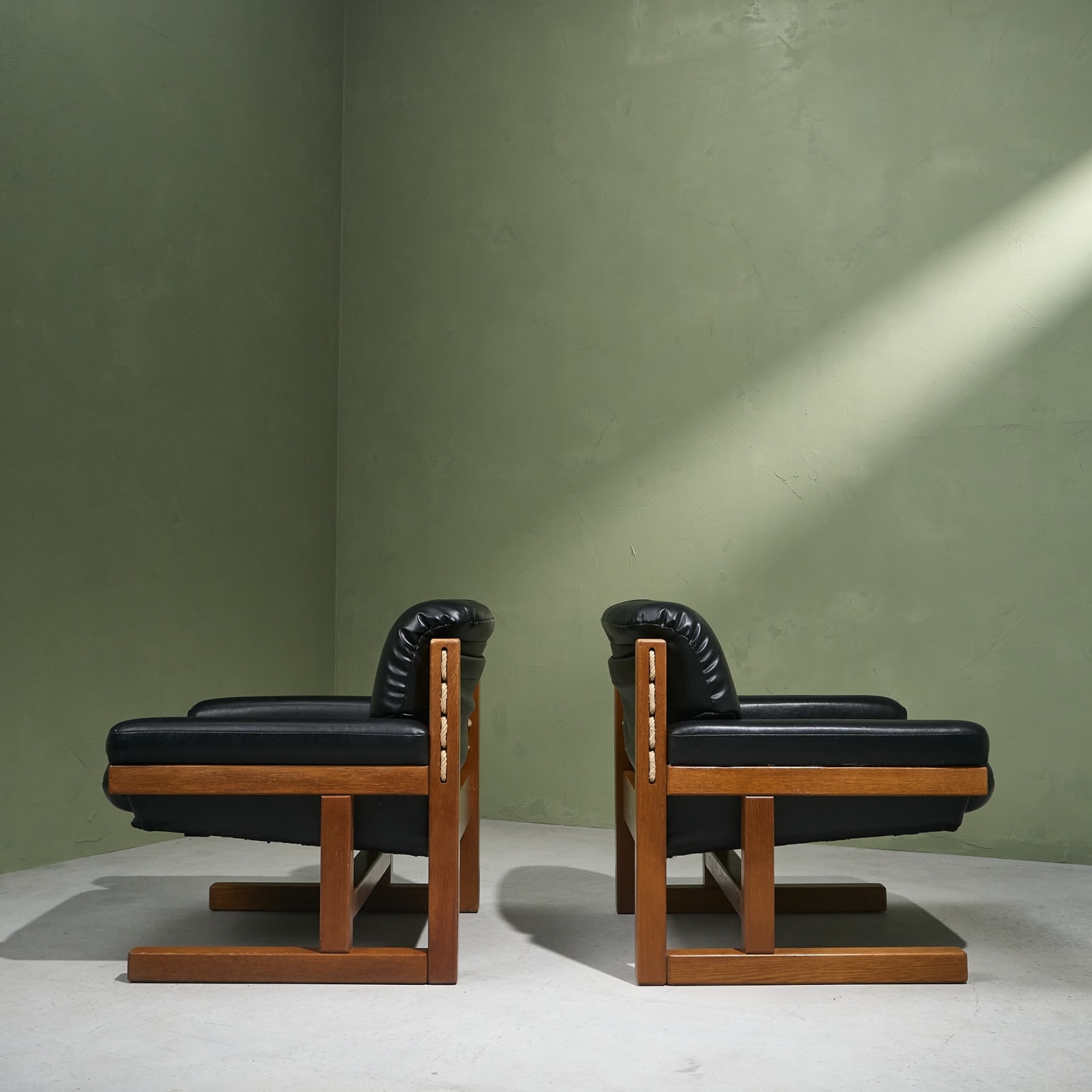 Cubist Lounge Chairs in Stained Solid Oak and Black Upholstery, Europe, 1970s