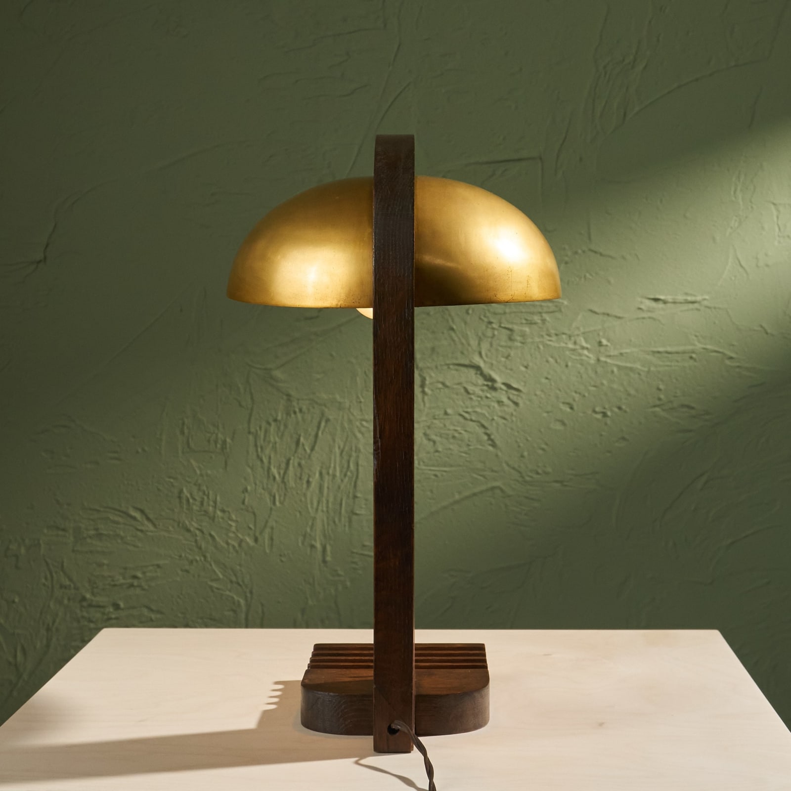 Unknown, Modernist Table Lamp with Solid Oak Base and Brass Shade, France, 1930