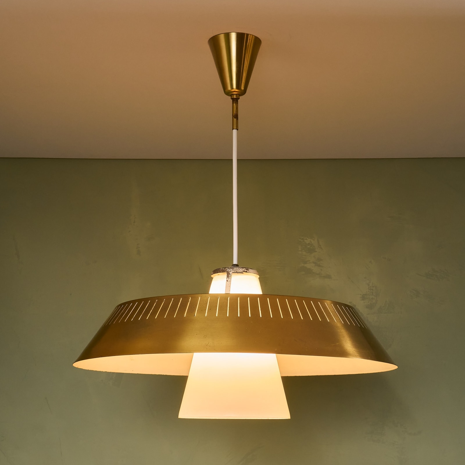 Large Perforated Brass Pendant with Opaline Glass, Finland, 1950/1960s