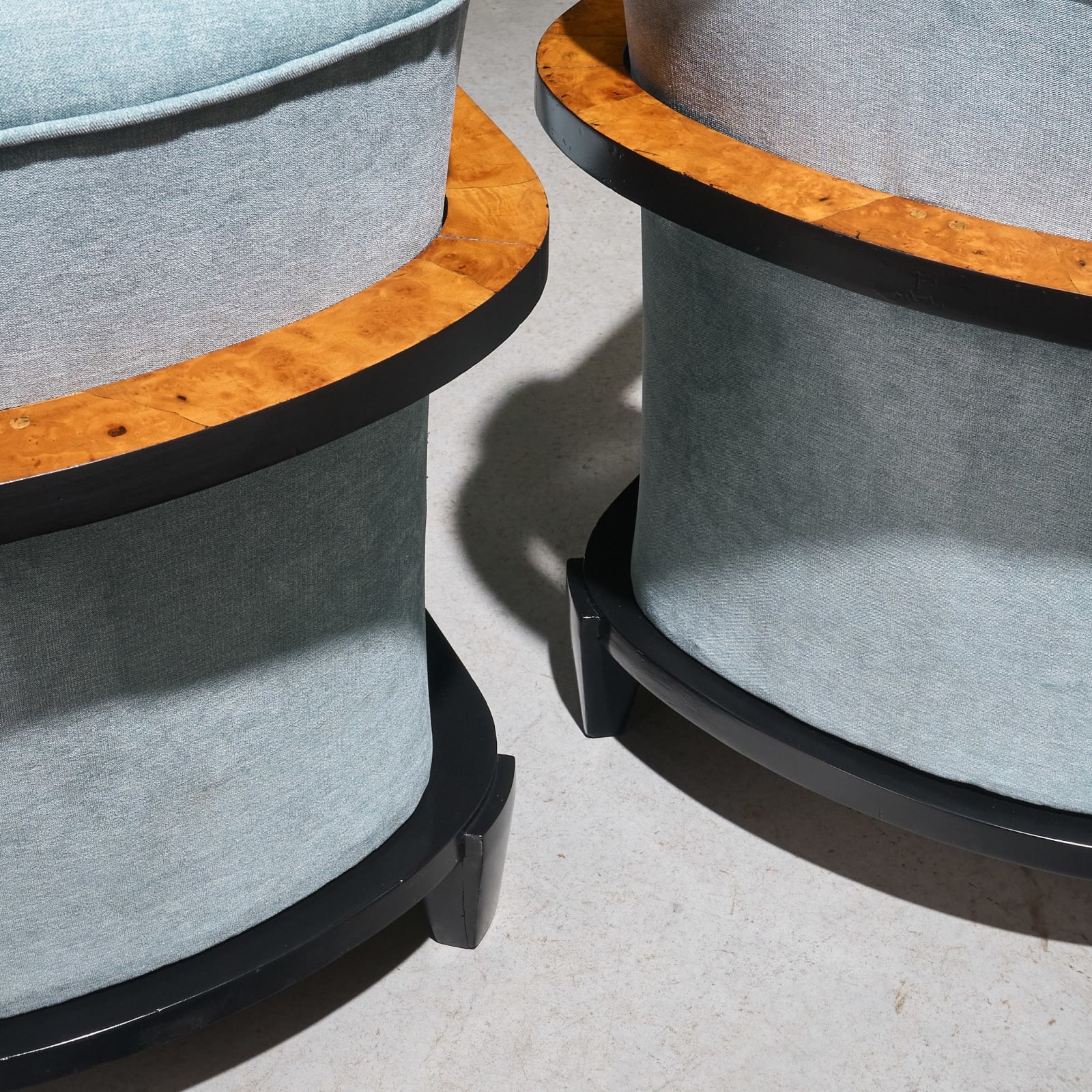 Pair of Art Deco Lounge Chairs with Burlwood and Ebonized Frame, Italy, 1940s