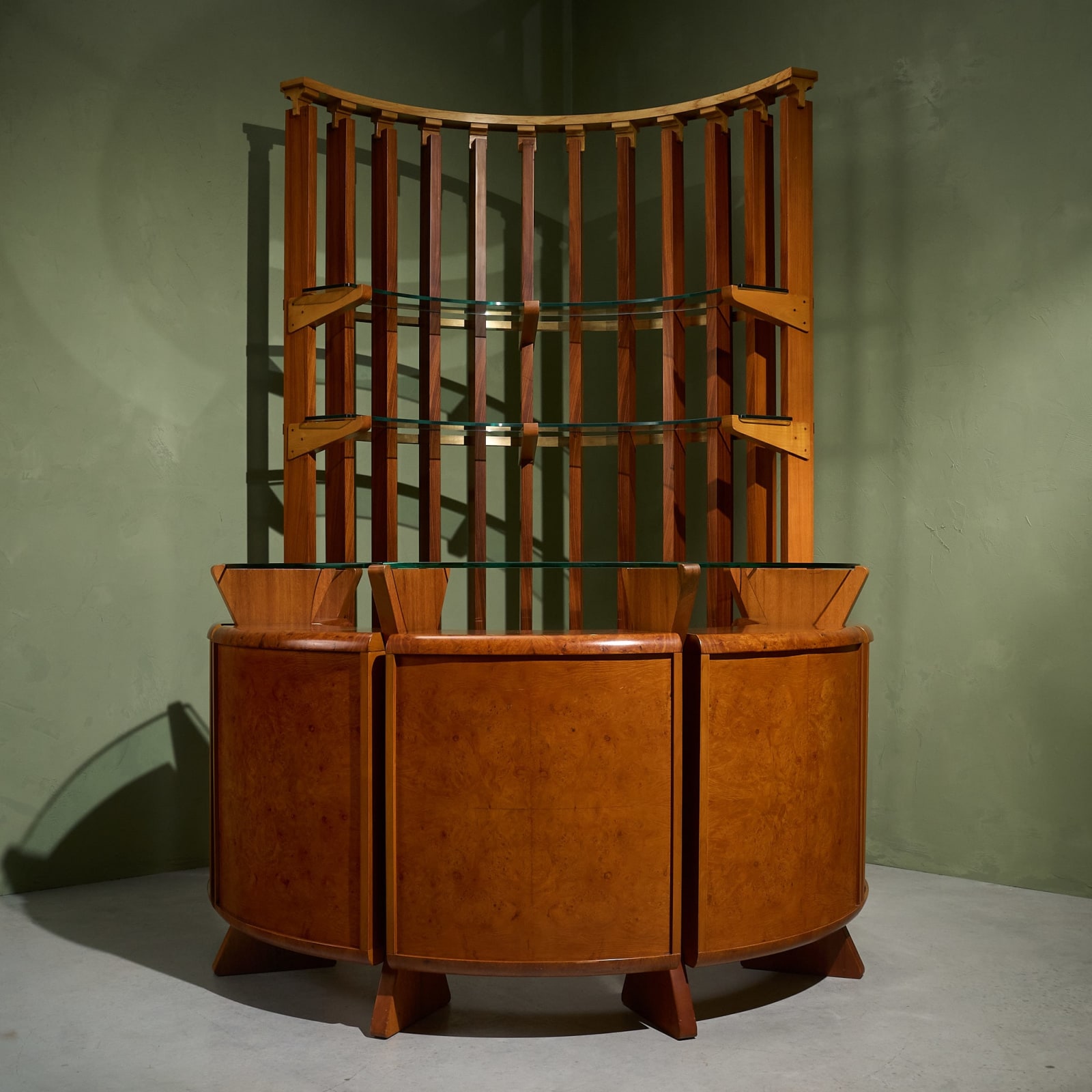 Circular Dry Bar and Sculptural Shelving Unit in Burlwood and Brass, Italy, 1970s