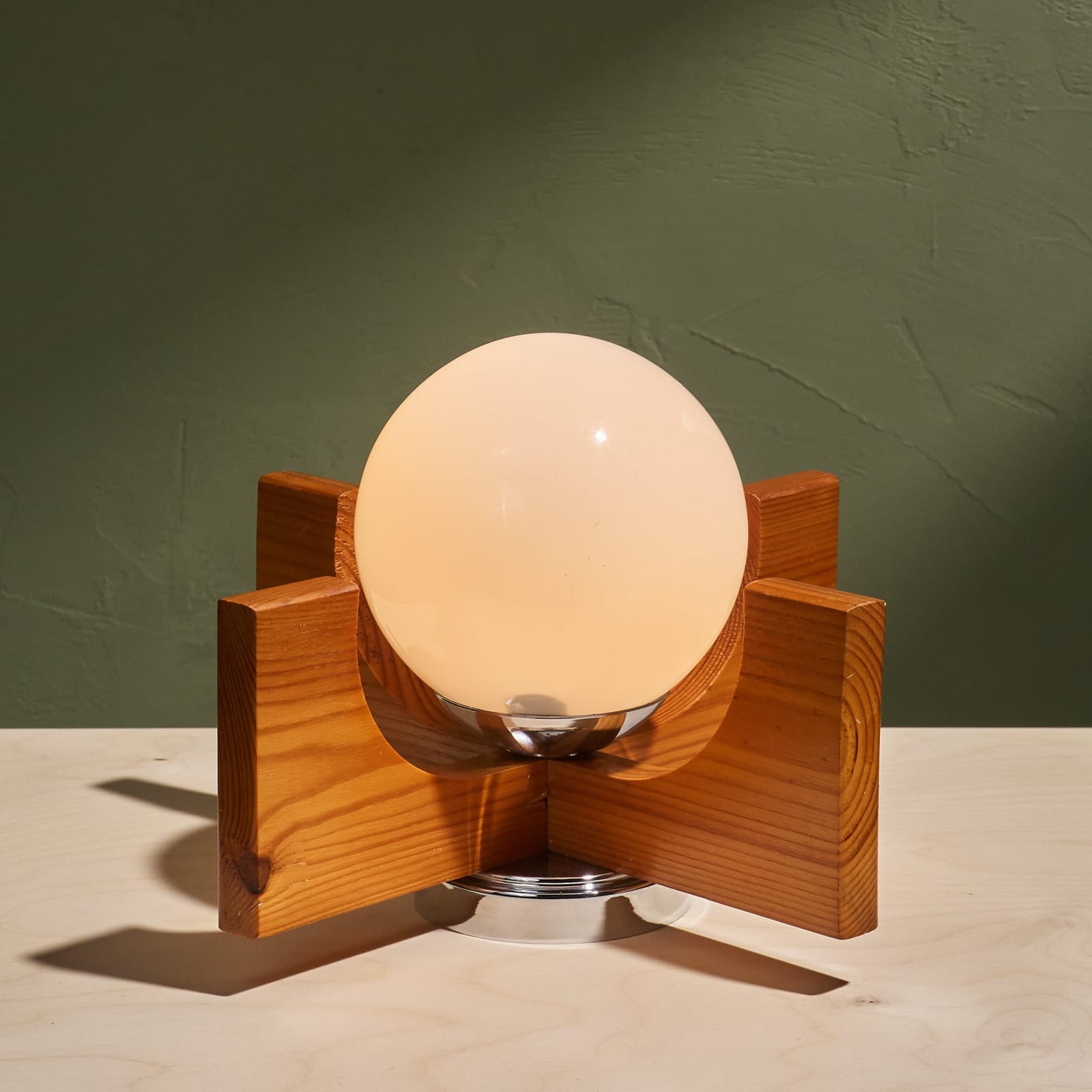 Table Lamp with a Pine Wooden Sculptural Frame and Opaline Shade, Sweden, 1970s
