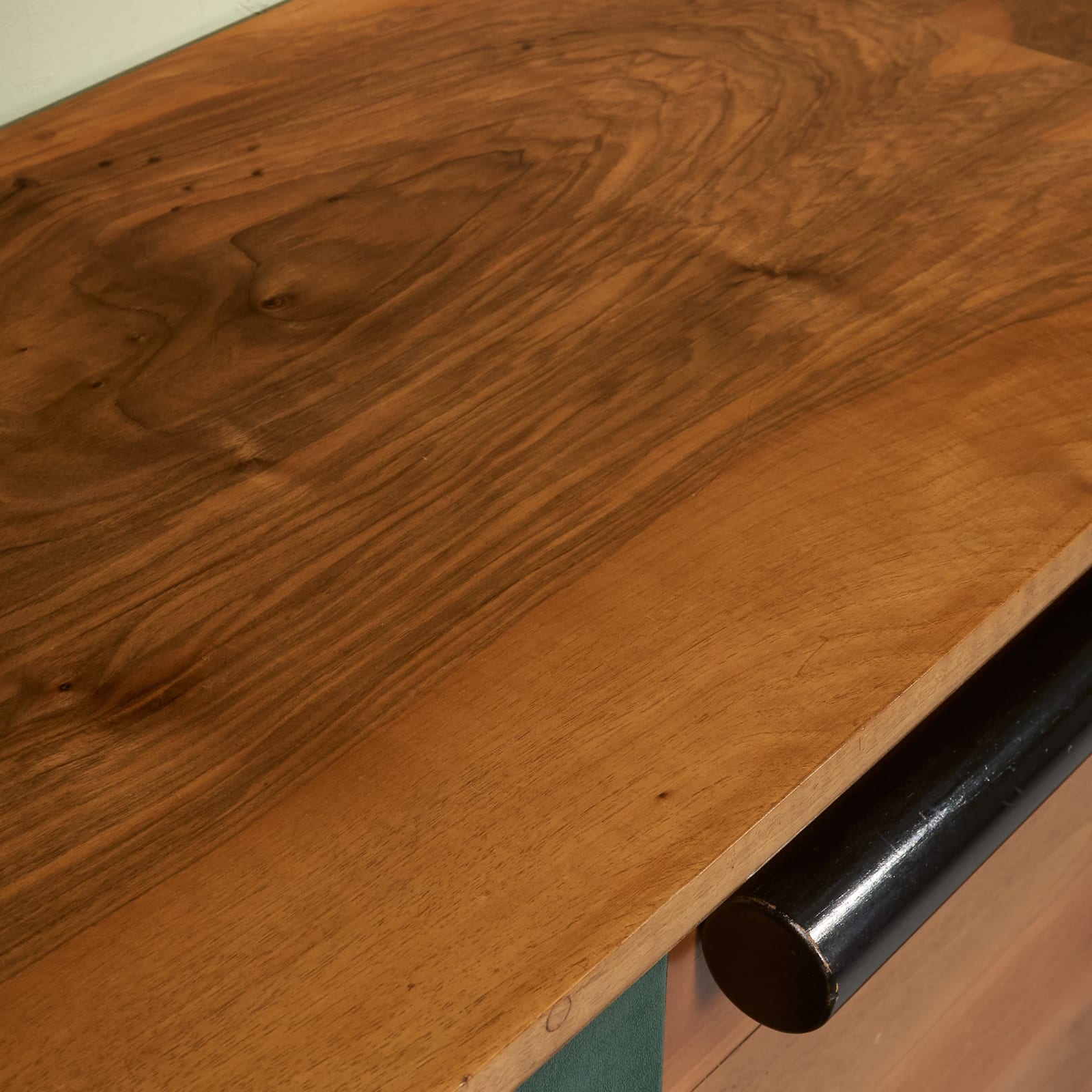 Oversized Sideboard with Bar Section in Walnut, Green Leatherette and Brass, Italy, 1930s