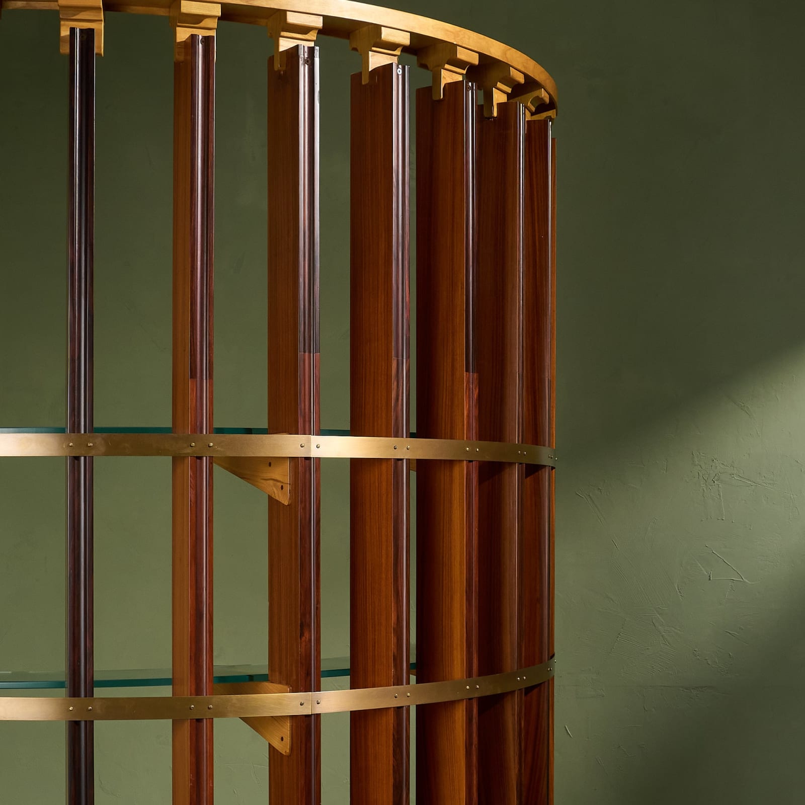 Circular Dry Bar and Sculptural Shelving Unit in Burlwood and Brass, Italy, 1970s