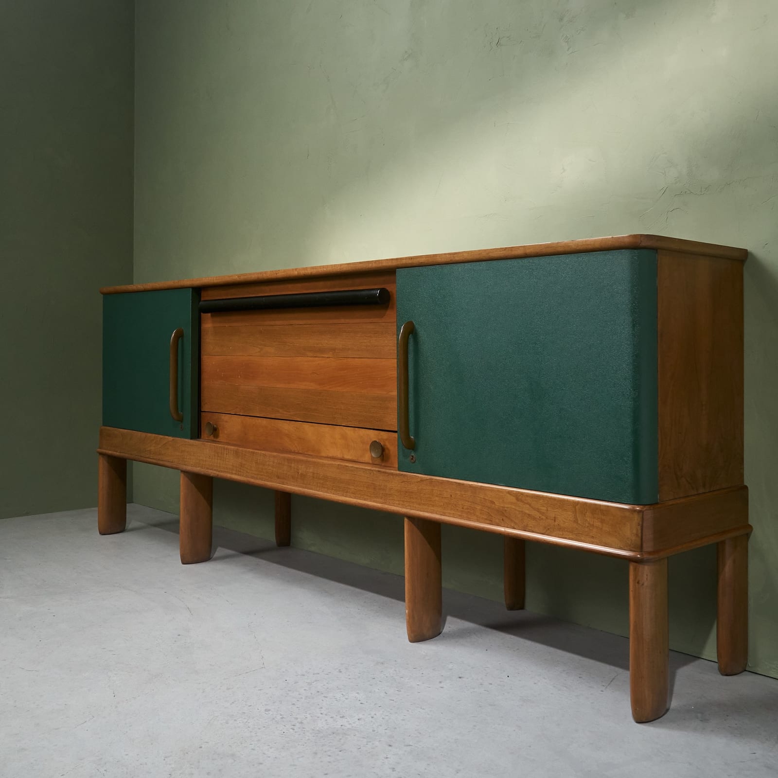 Oversized Sideboard with Bar Section in Walnut, Green Leatherette and Brass, Italy, 1930s