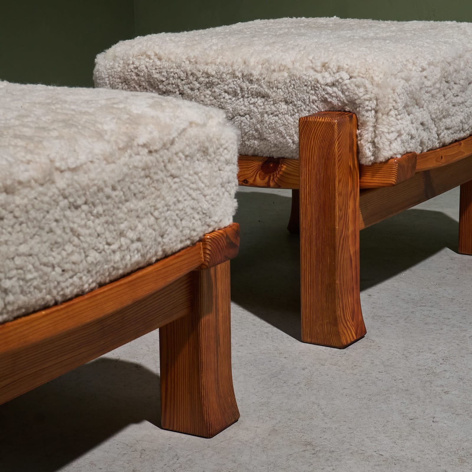 Unknown, Pair of Large Ottomans in Solid Pine and Sheepskin Cushion, Sweden, 1950s/1960s