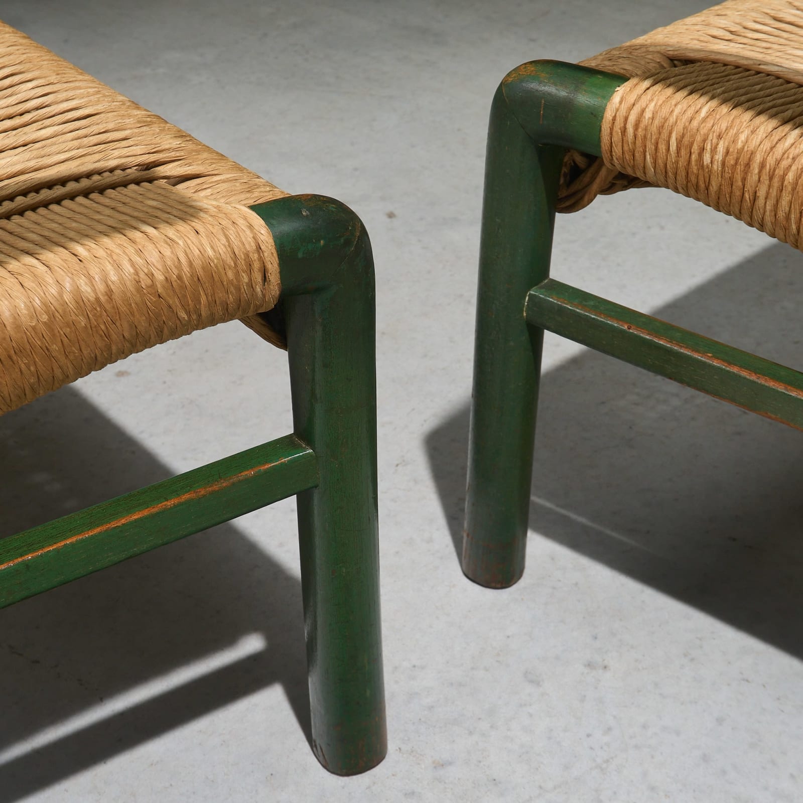 Pair of Green Lacquered Chestnut and Papercord Arm Chairs, Italy, Late 1930's