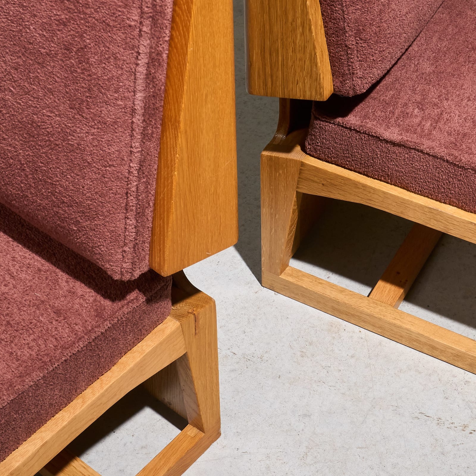 Reupholstered Pair of Cubist Slipper Lounge Chairs in Solid Oak, France, 1970s