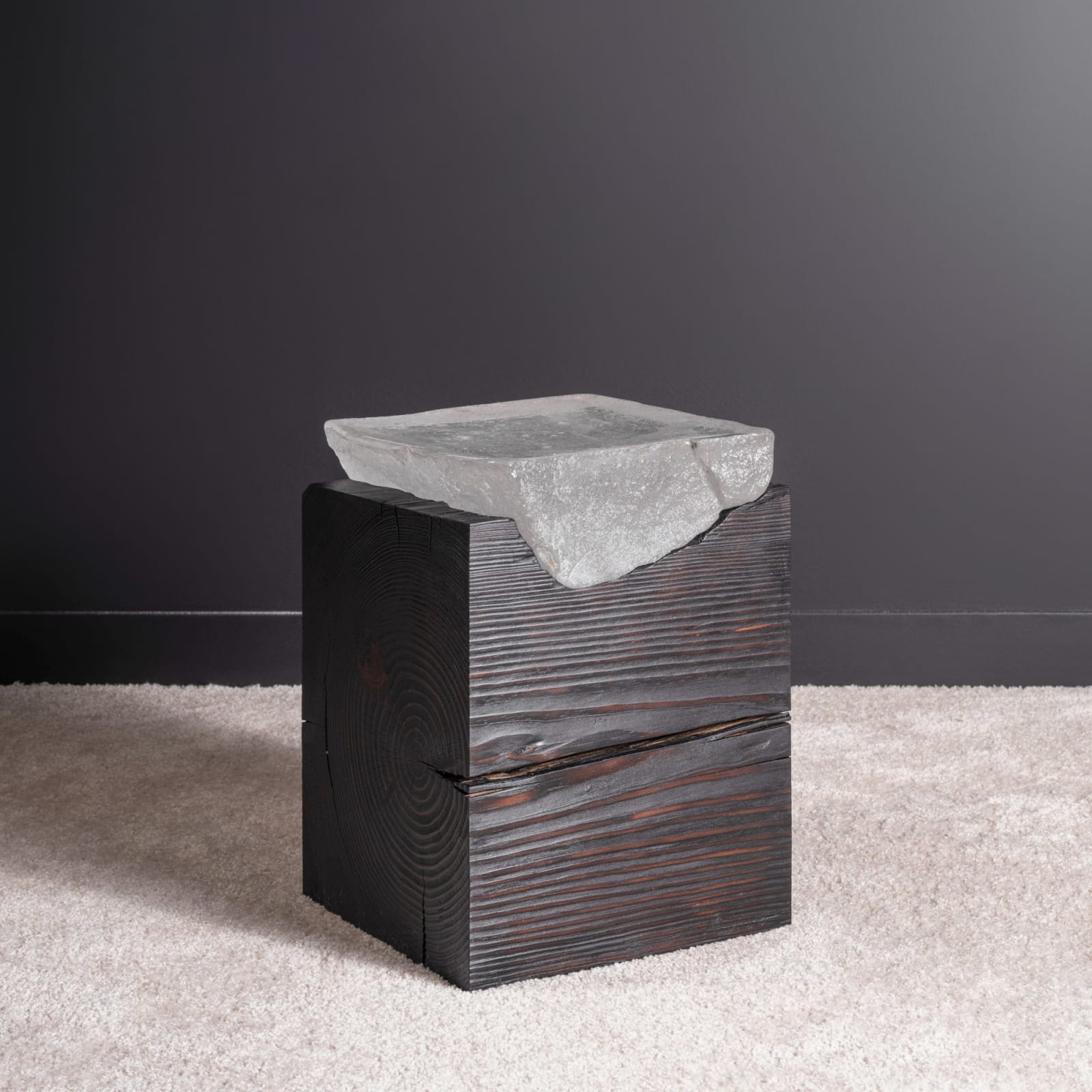 Rafael Prieto, Side Table (Glass Top, Charred Wood), 2023