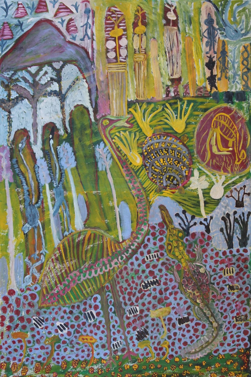 Janet Dreamer, Walkabout (crocodile, birds, kangaroos, echidna and ancestral figure) , 2019