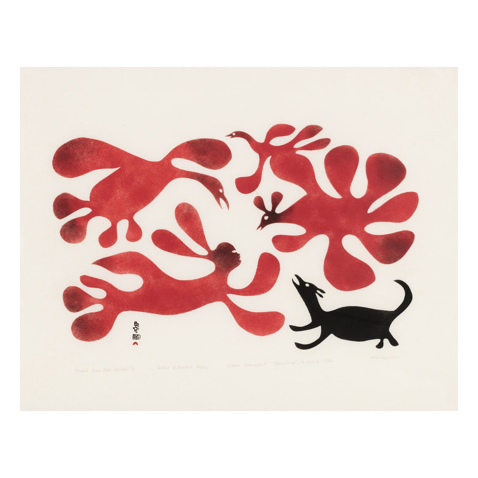 KENOJUAK ASHEVAK, C.C., R.C.A. (1927-2013) KINNGAIT (CAPE DORSET), Dogs See the Spirits, 1960