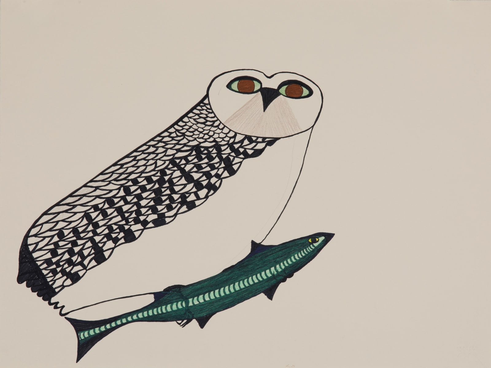 PUDLO PUDLAT (1916-1992) KINNGAIT (CAPE DORSET), Owl Takes a Ride on Arctic Char, 1988/89