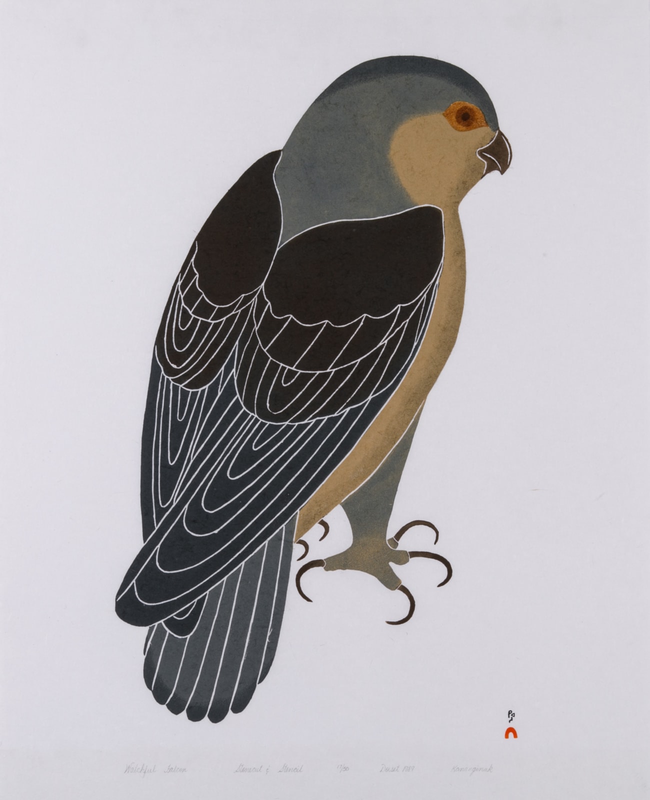 KANANGINAK POOTOOGOOK, R.C.A. (1935-2010) KINNGAIT (CAPE DORSET), Watchful Falcon, 1989 #2