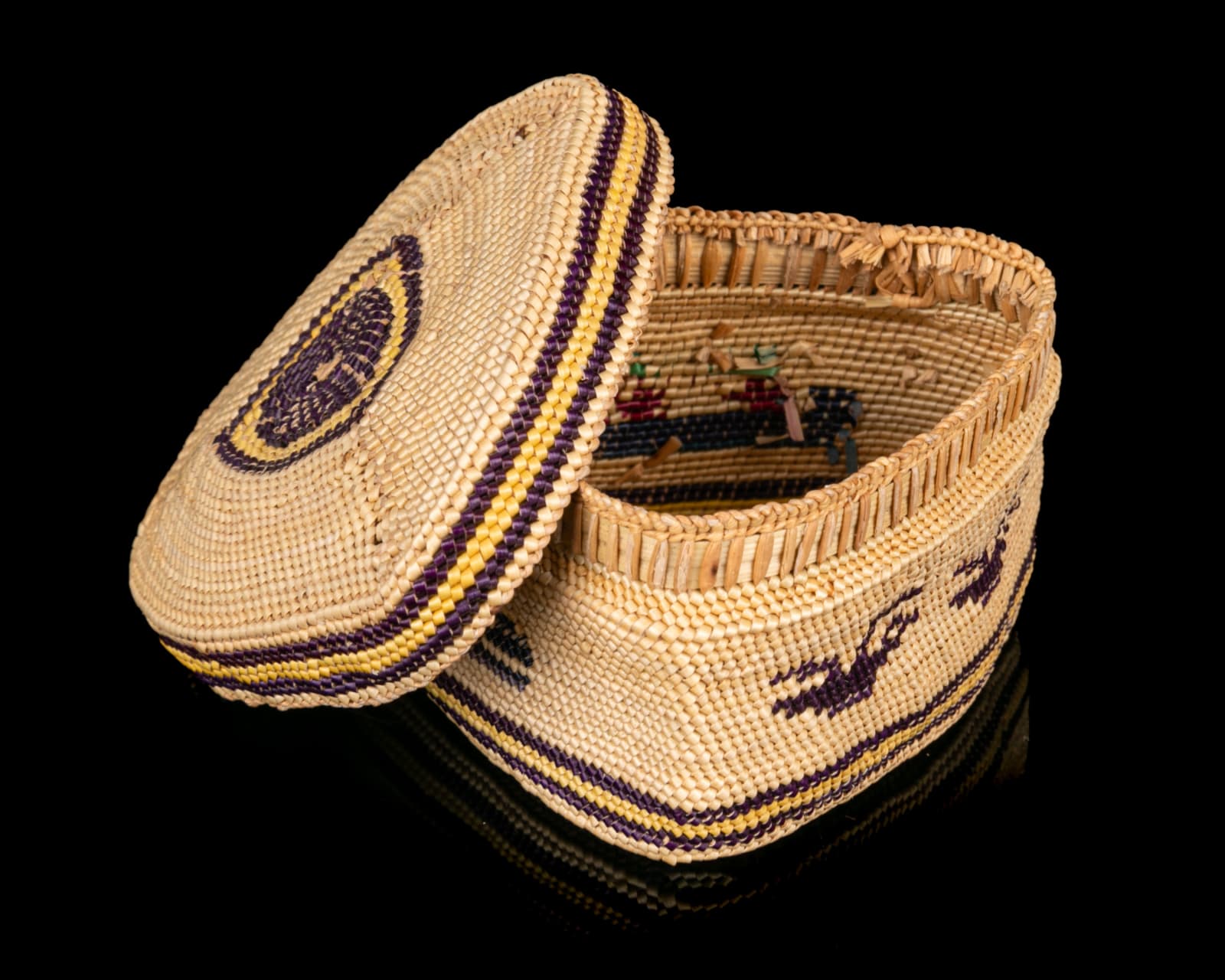 MARTHA AMOS (SMITH), NUU-CHAH-NULTH, Triangular Pictorial Lidded Basket with Whaling Scene and Birds, c. 1950s/60s