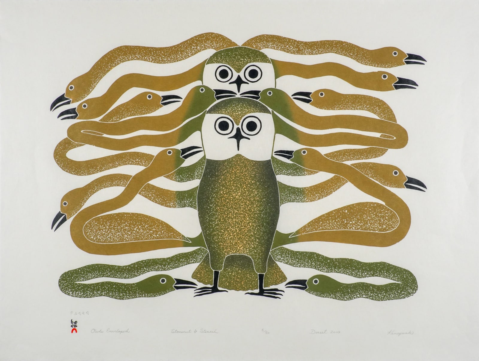 KENOJUAK ASHEVAK, C.C., R.C.A. (1927-2013) KINNGAIT (CAPE DORSET), Owls Enveloped, 2004 #14
