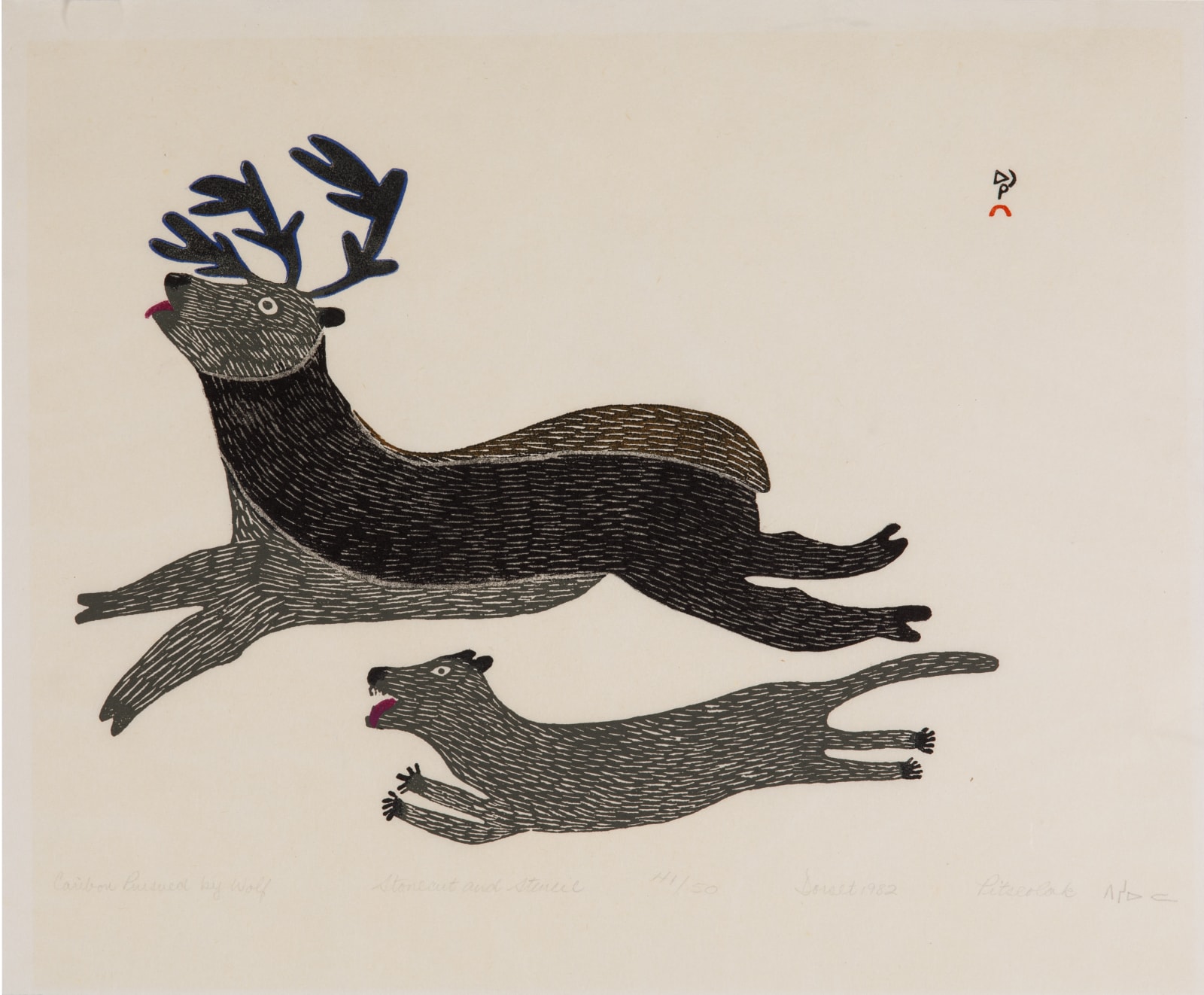 PITSEOLAK ASHOONA, R.C.A., O.C., (1904-1983) KINNGAIT (CAPE DORSET), Caribou Pursued by Wolf, 1981 (1982 #41)