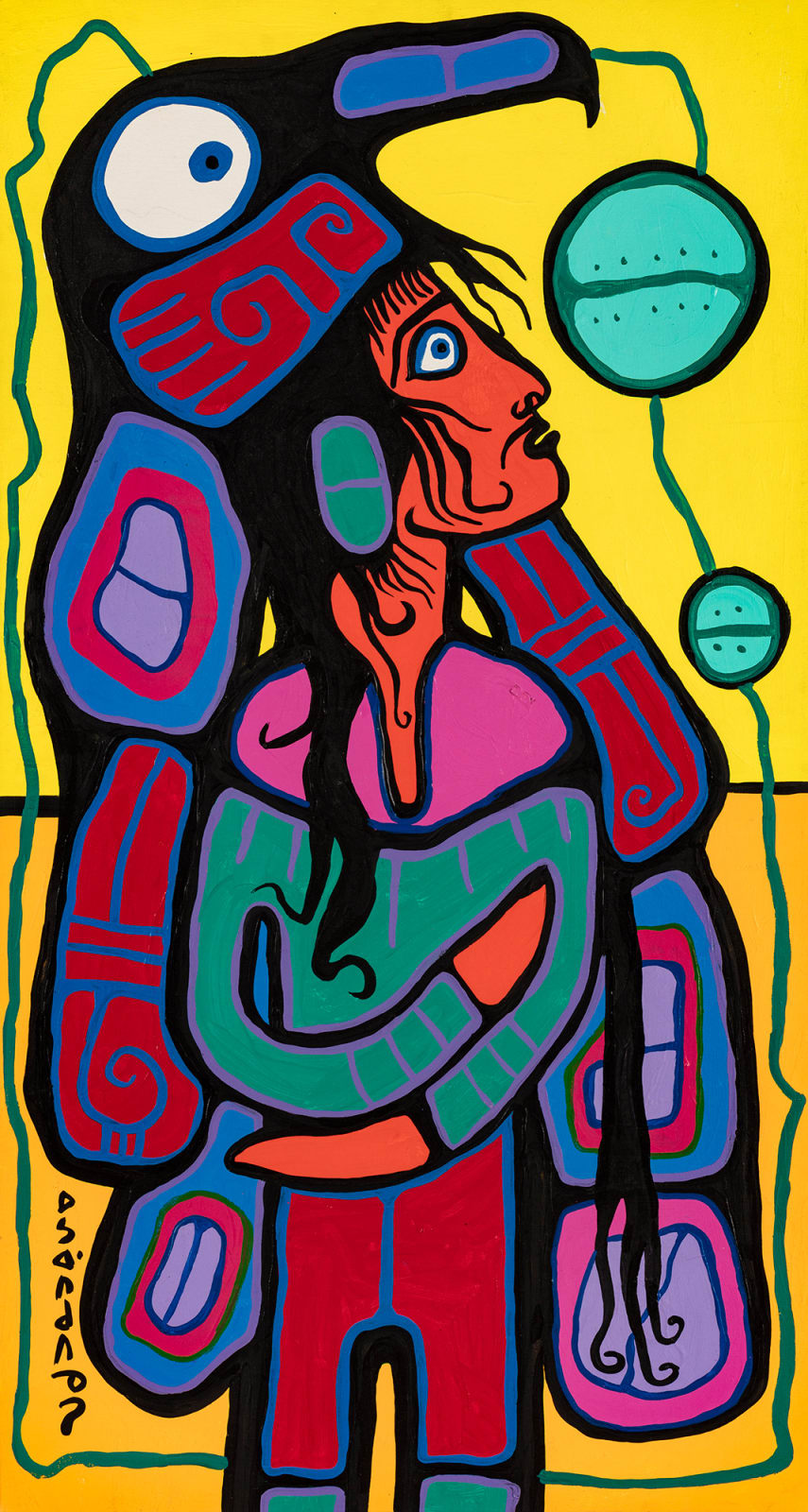 NORVAL MORRISSEAU, C.M. (1931-2007) ANISHINAABE, Young Ojibwa Indian Man Wearing Eagle Headdress, c. 1992