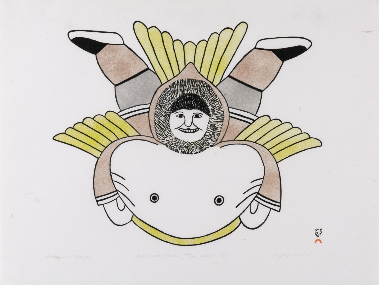 MARY PUDLAT (1923-2001) KINNGAIT (CAPE DORSET), Riding on a Kanayuk, 1980 #25