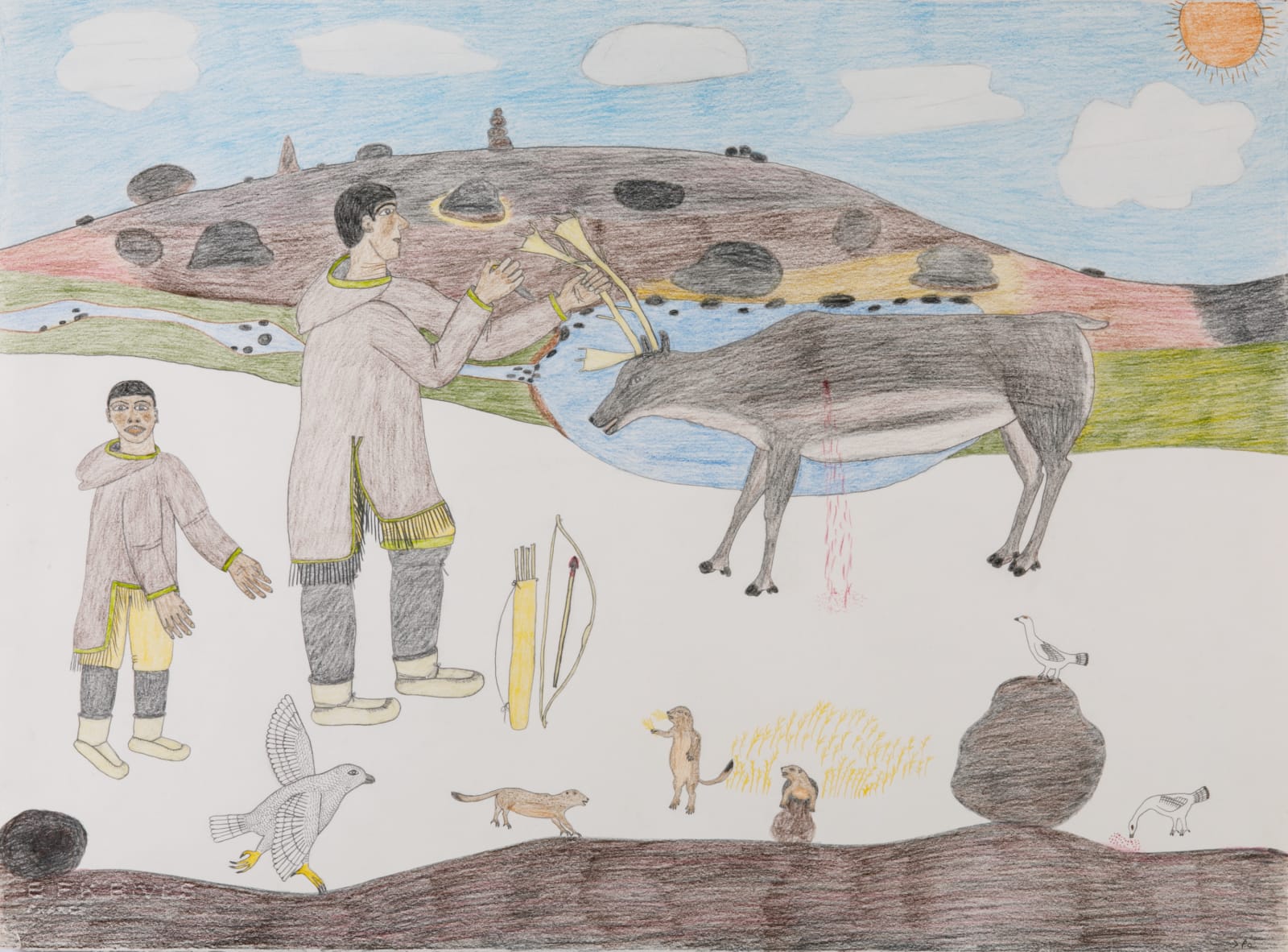 NANCY PUKINGRNAK AUPALUKTUQ (1940-) QAMANI'TUAQ (BAKER LAKE), Father Teaching Son to Hunt Caribou, 1978