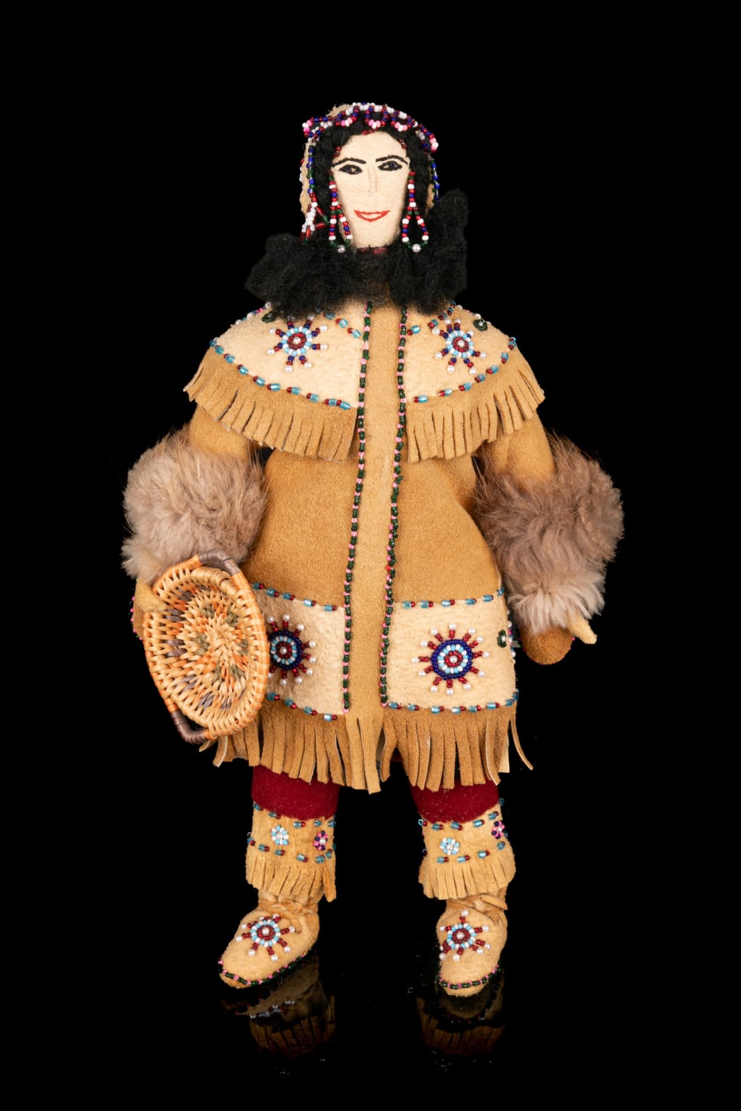 ELLEN SAVAGE (ELLEN SAVAGE XIDHOY) (1919-2004) DEG XINAG ATHABASCAN, Athabaskan Doll with Beaded Coat and Willow Root Basket, 12 Sept 2001