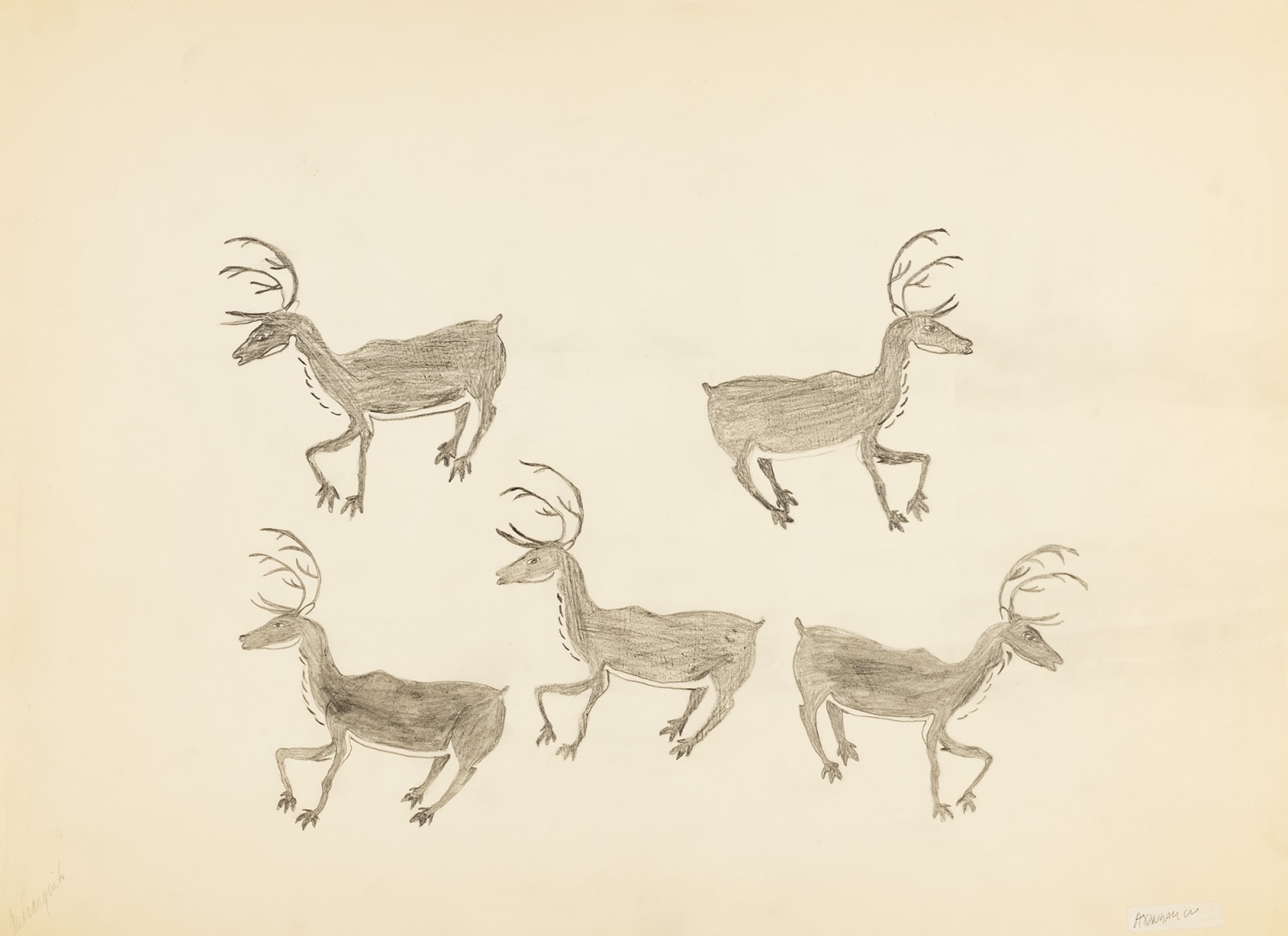 AQJANGAJUK SHAA, R.C.A. (1937-2019) KINNGAIT (CAPE DORSET), Five Standing Caribou, c. 1960-61