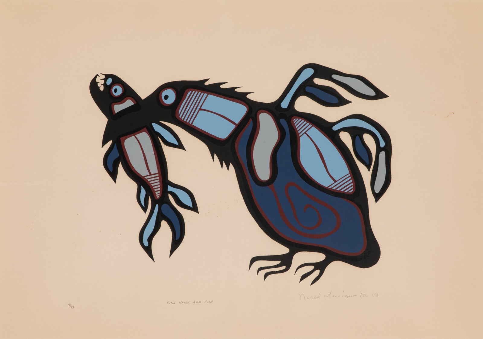 NORVAL MORRISSEAU, C.M. (1931-2007) ANISHINAABE (OJIBWE), Fish Hawk and Fish, 1976