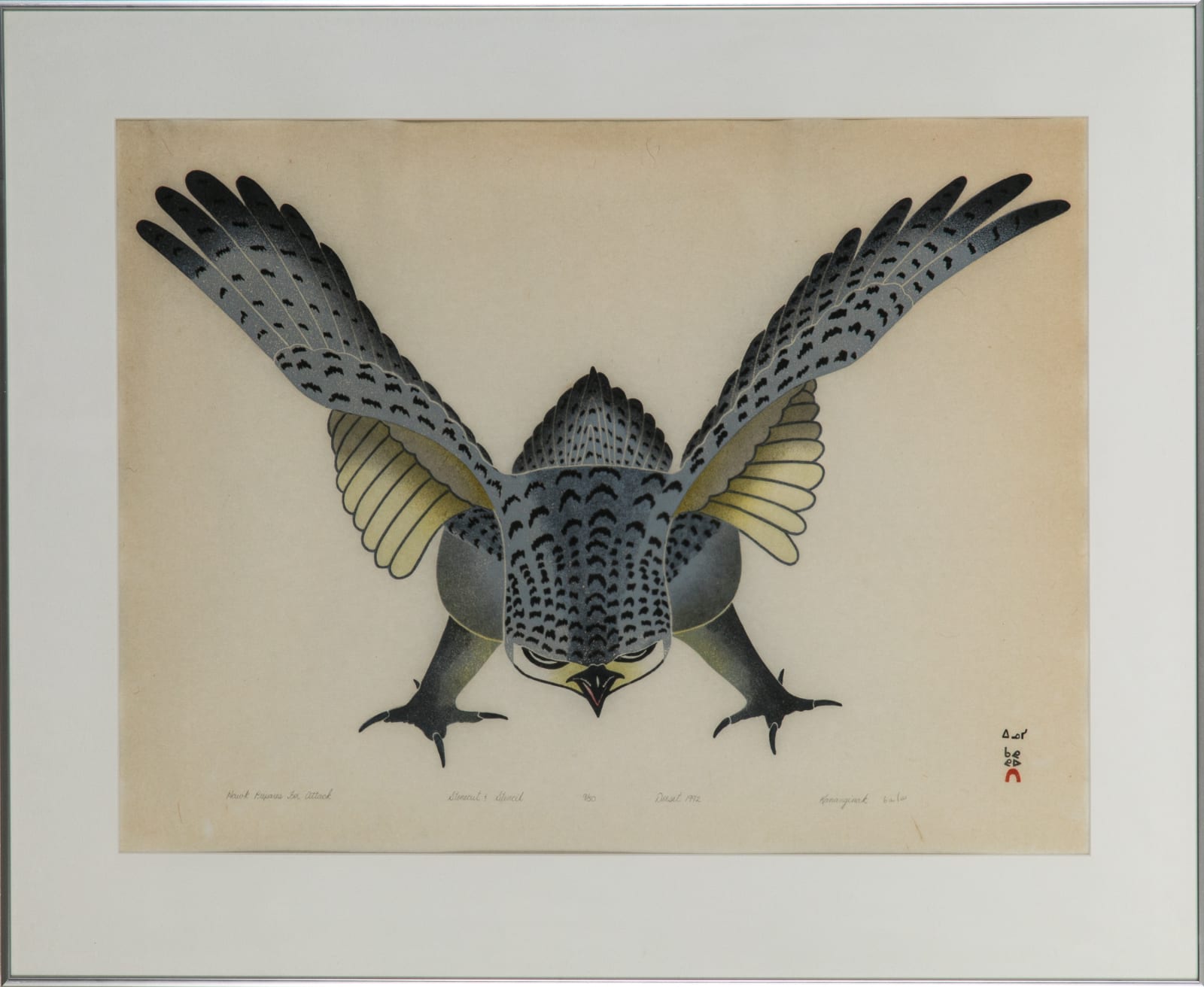 KANANGINAK POOTOOGOOK, R.C.A. (1935-2010) KINNGAIT (CAPE DORSET), Hawk Prepares for Attack, 1992 #7