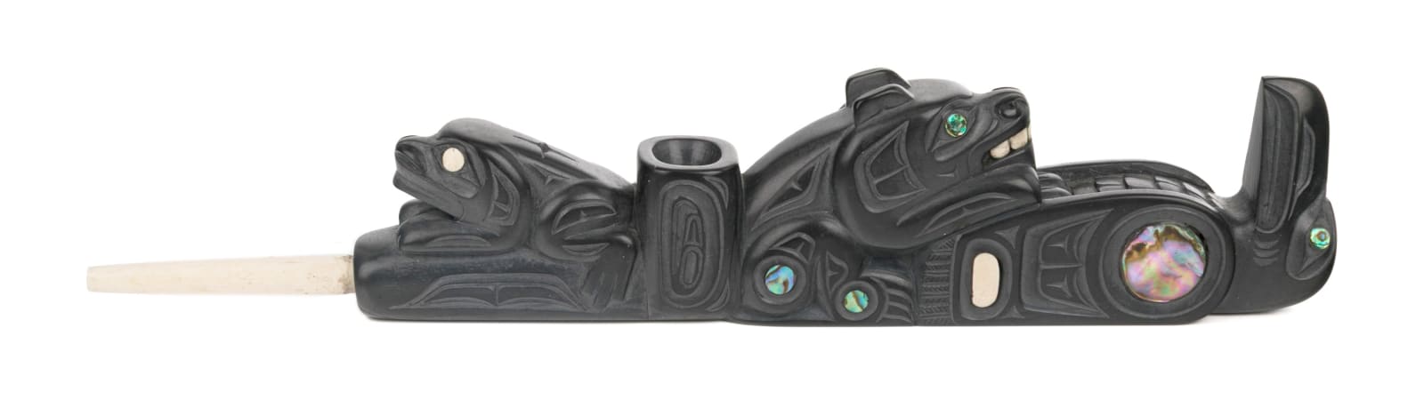 GLEN POLLARD (1957-) SKIDEGATE, HAIDA GWAII, Pipe with Raven, Bear, and Frog, 1990s