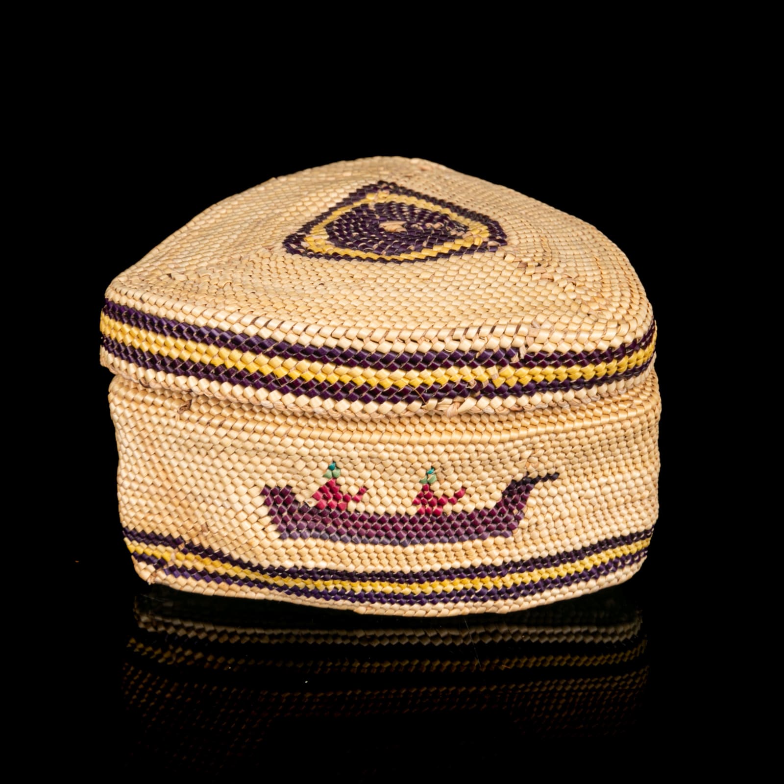 MARTHA AMOS (SMITH), NUU-CHAH-NULTH, Triangular Pictorial Lidded Basket with Whaling Scene and Birds, c. 1950s/60s