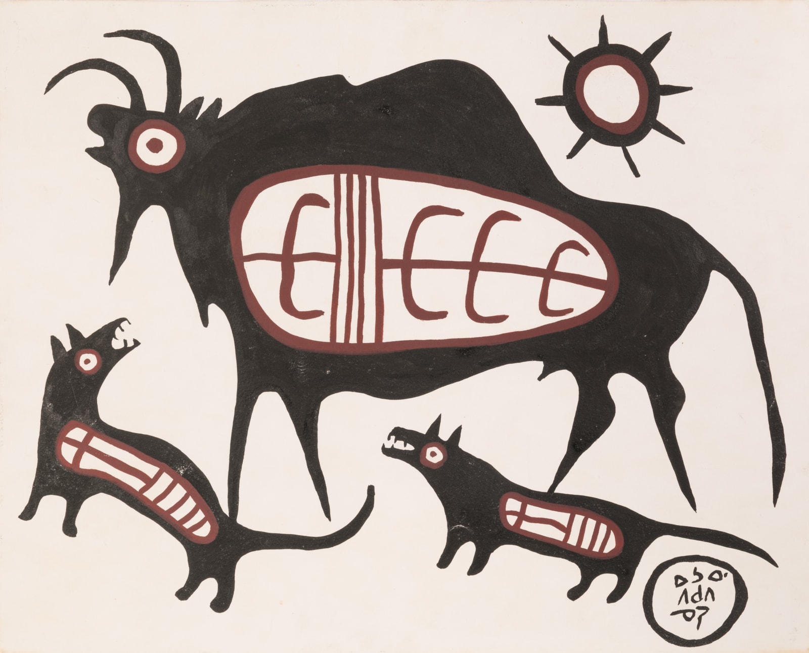NORVAL MORRISSEAU, C.M. (1931-2007) ANISHINAABE (OJIBWE), Buffalo of the Canadian Plains being Attacked by Wolves, early 1960s