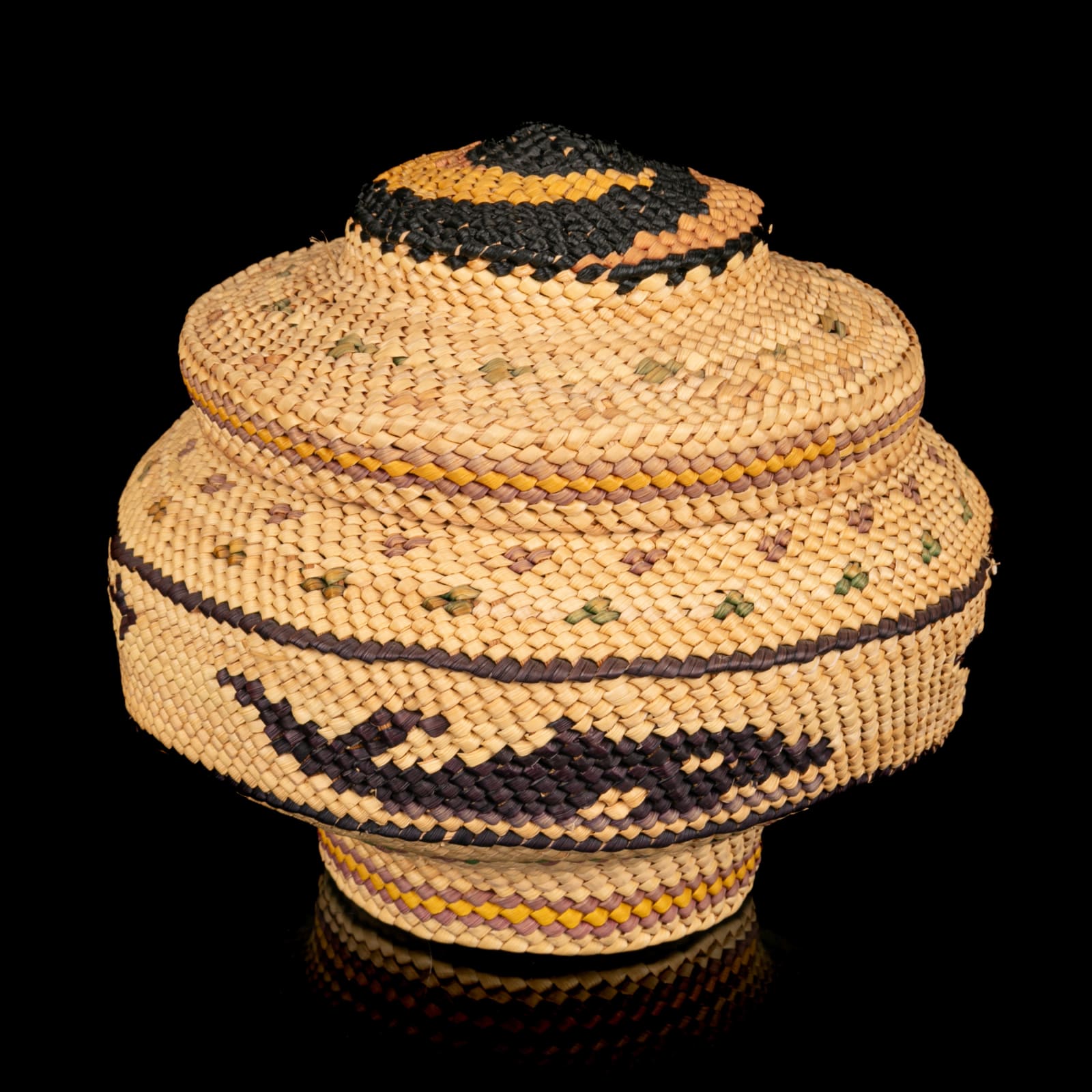 ELLA THOMPSON (20th Century), NUU-CHAH-NULTH, UCLUELET, BC, Pedestaled Lidded Basket, with Whaling Scene and Pinwheel Design, 1970