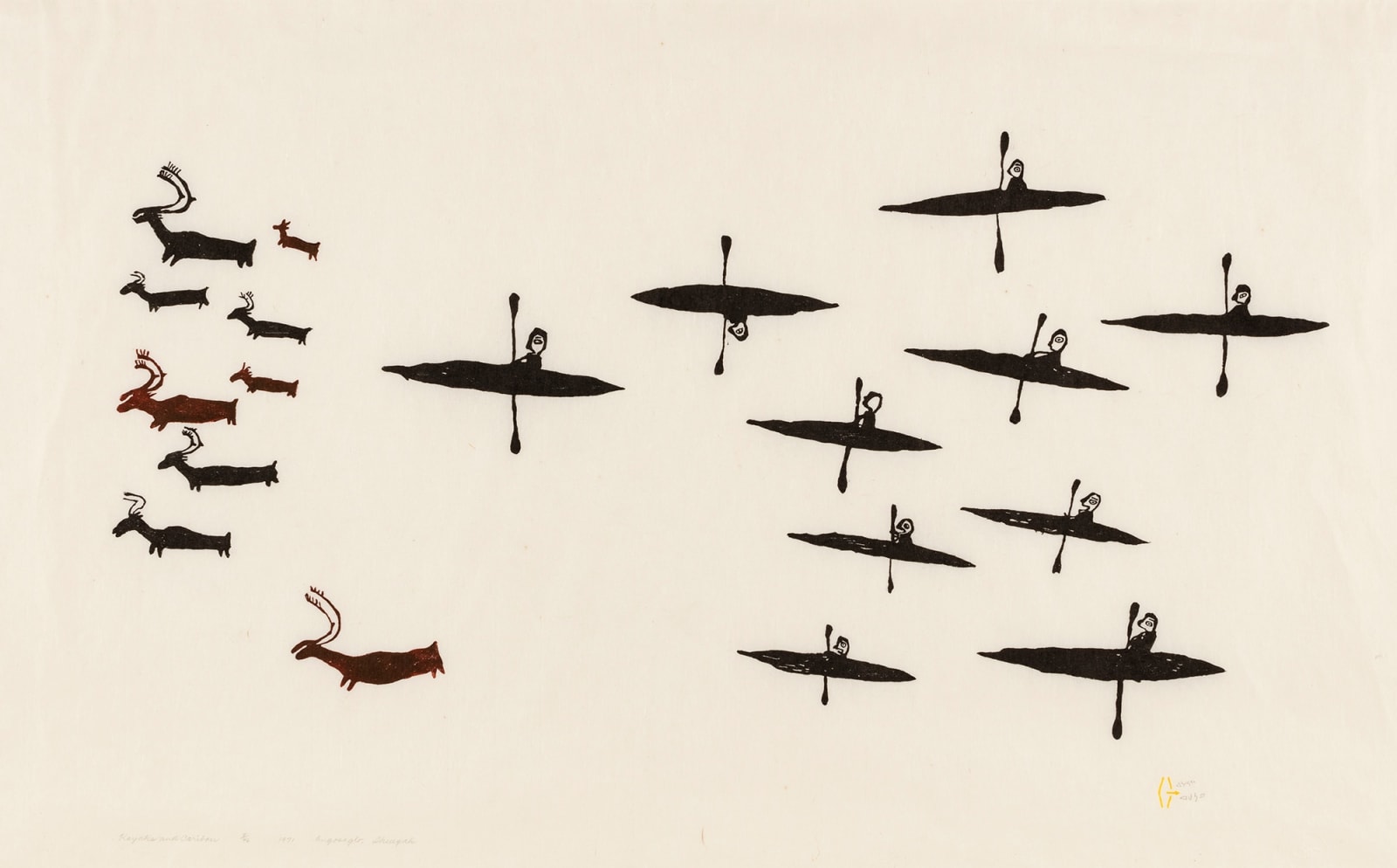 LUKE ANGUHADLUQ (1895-1982) QAMANI’TUAQ (BAKER LAKE), Kayaks and Caribou, 1971 (1972 #10)
