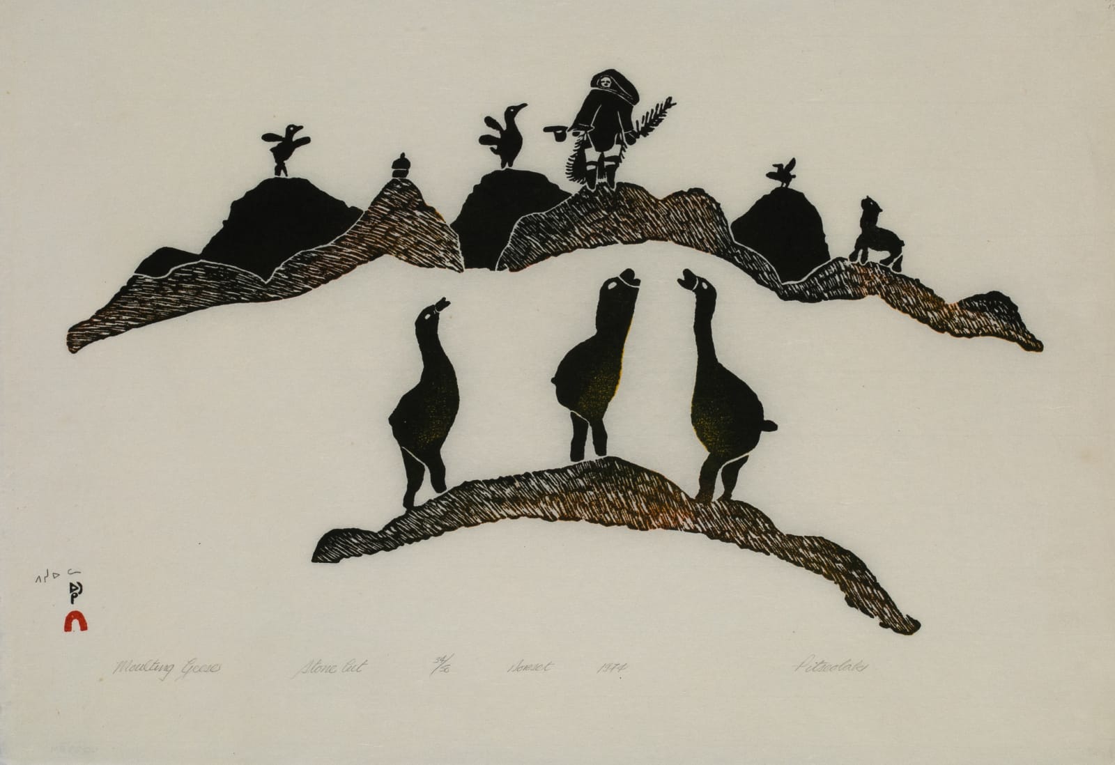 PITSEOLAK ASHOONA, R.C.A., O.C., (1904-1983) KINNGAIT (CAPE DORSET), Moulting Geese, 1974 #5