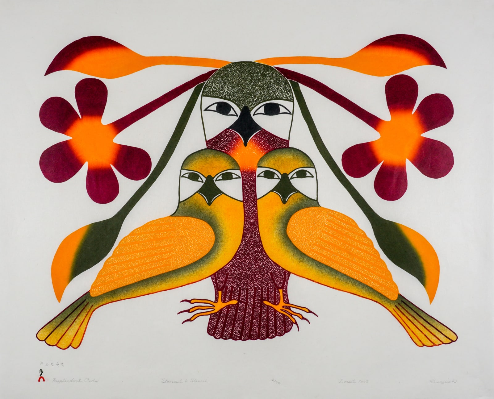 KENOJUAK ASHEVAK, C.C., R.C.A. (1927-2013) KINNGAIT (CAPE DORSET), Resplendent Owls, 2005