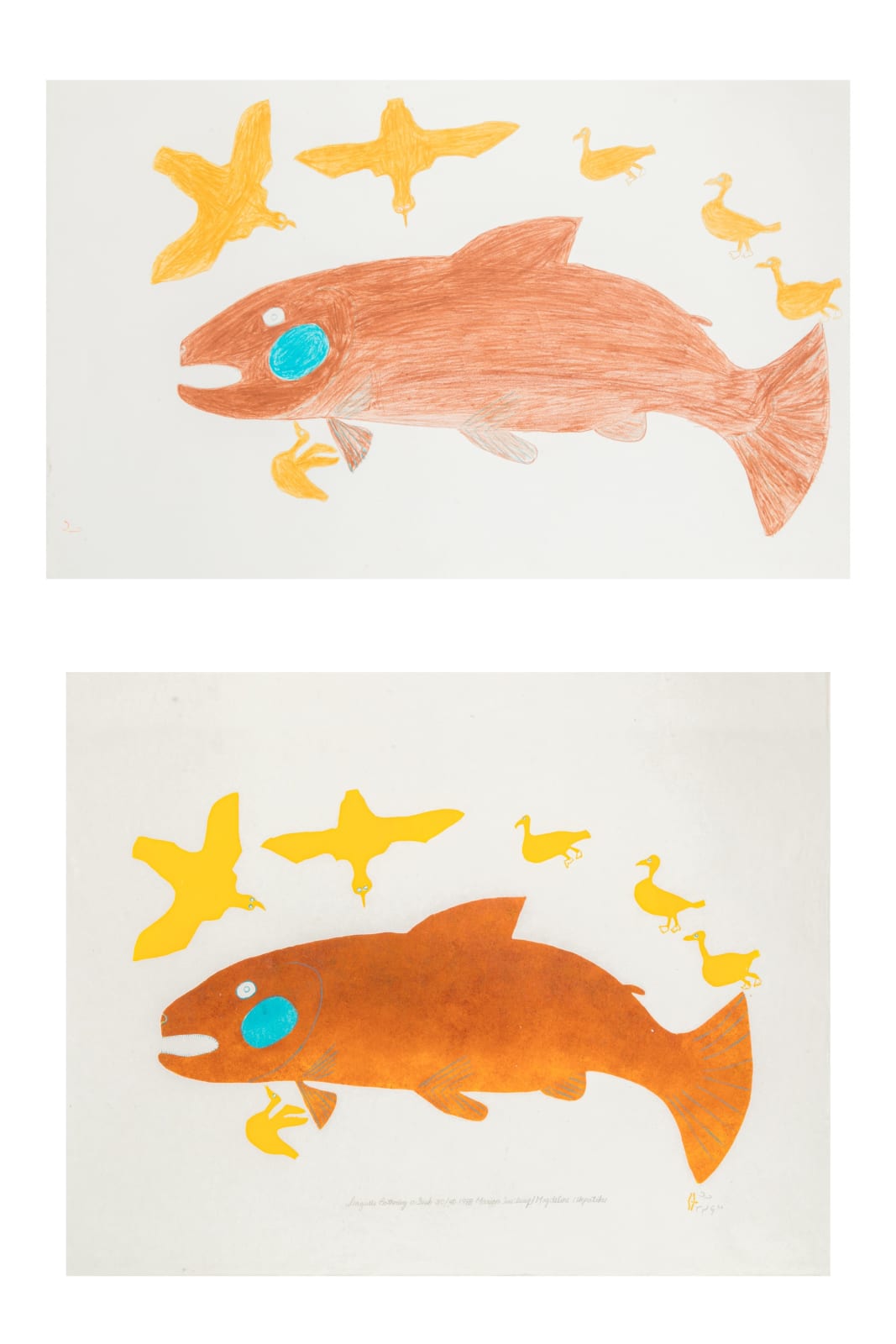 MARION TUU'LUQ, R.C.A. (1910-2002) QAMANI'TUAQ (BAKER LAKE), Drawing for Seagulls Bother a Fish & Seagulls Bothering a Fish, July 1987 / 1988 #21 /